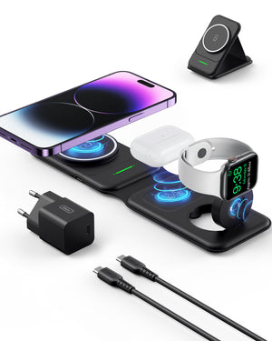 Black Friday deal: Foldable 3-in-1 wireless charger powers iPhone, AirPods, Apple Watch. Tech gifts for men, on sale.