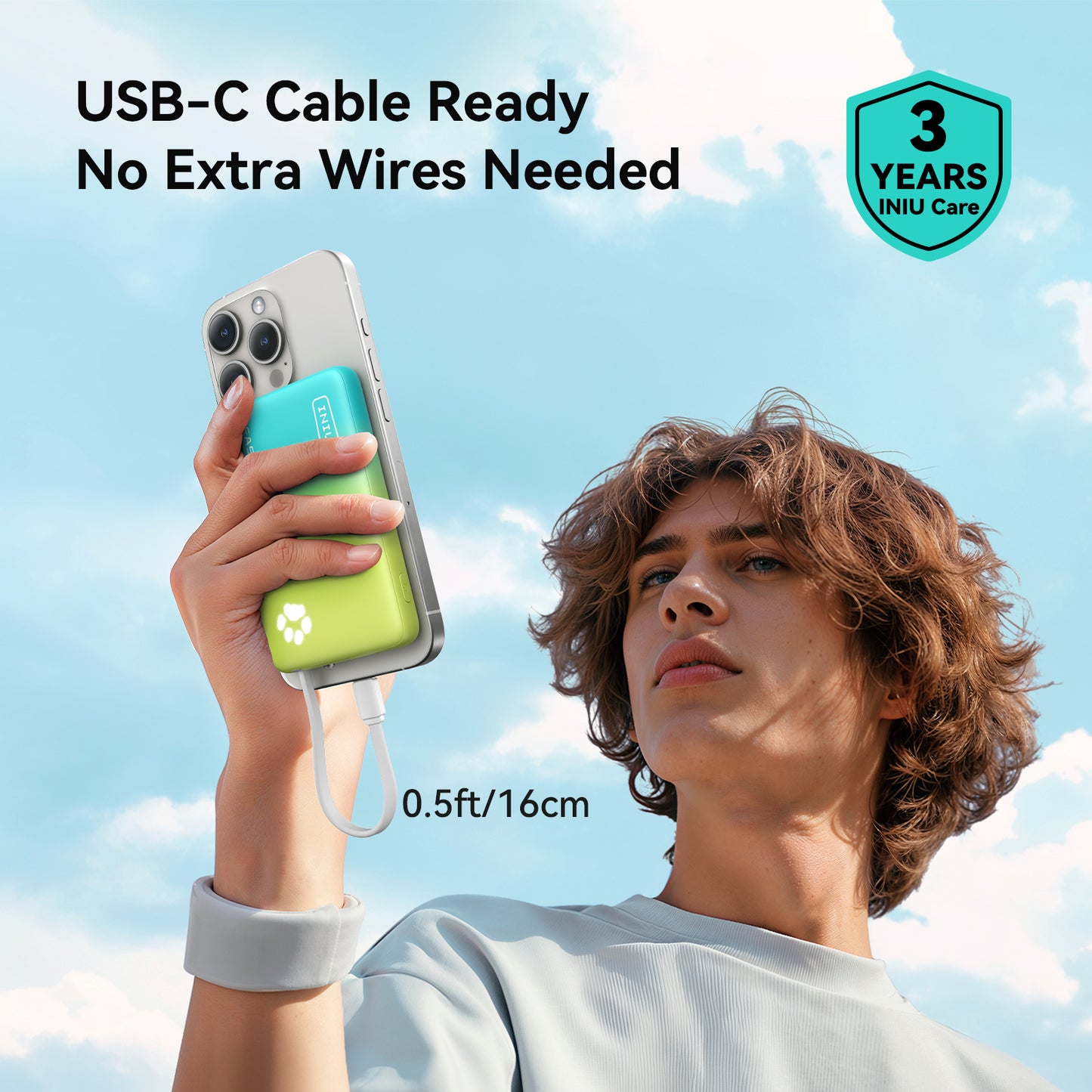 INIU Pawsible P41L-Banque d'alimentation E2 avec câble intégré, la plus fine 45 W 10 000 mAh