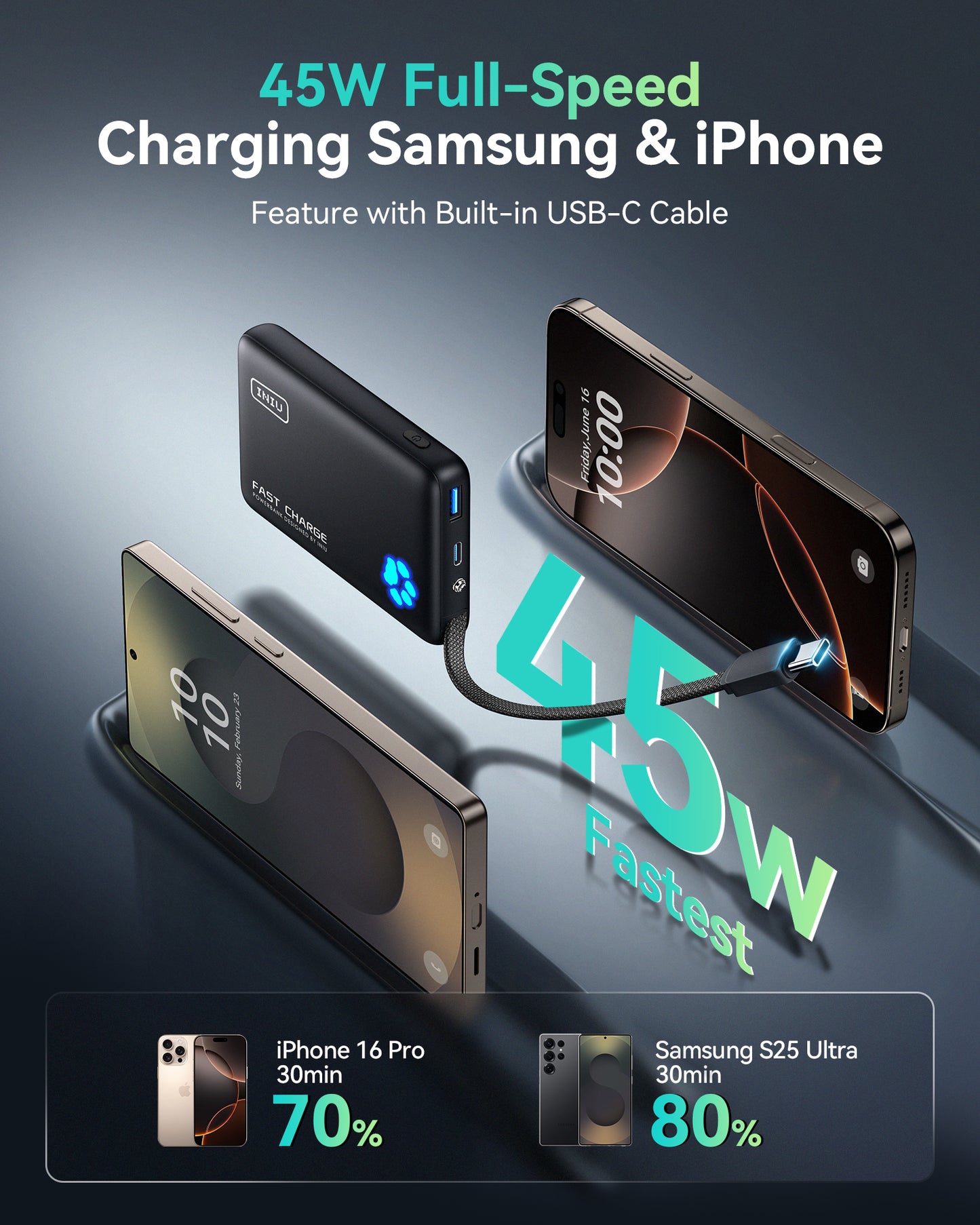 INIU Pawsible P41L-E2 Power Bank with Build in Cable Slimmest 45W 10000mAh
