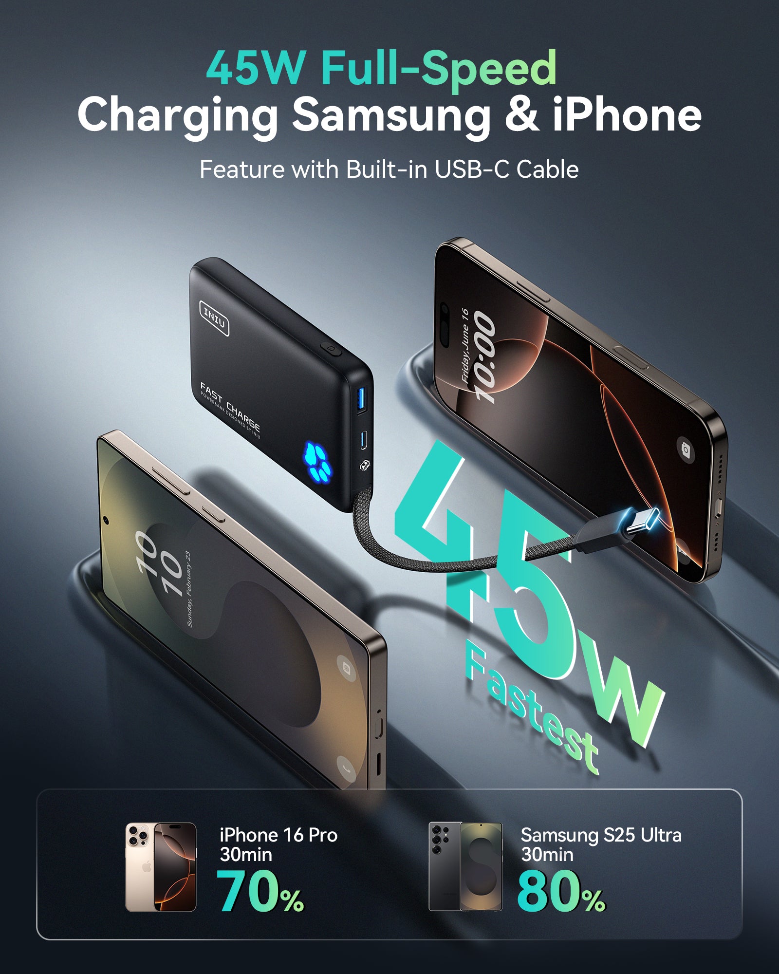 INIU Pawsible P41L-E2 Power Bank con cavo integrato, sottilissimo, 45W 10000mAh