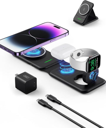 INIU Magnetisch faltbar 3 in 1 drahtloses Ladegerät kompatibel MagSafe für iPhone 15/14/13/12 Serie, Apple Watch, AirPods (mit 3,3 ft 60W USB-C-C kabel und 20W PD-Adapter)