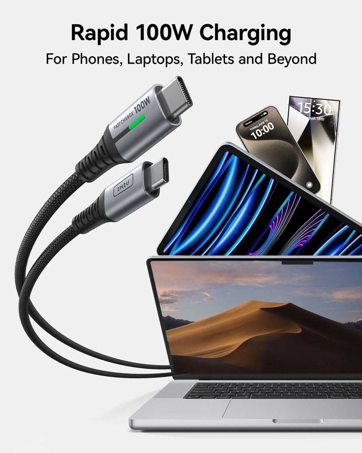 INIU D5CC USB C to C Cable 100W fast charging cable for phones, laptops, and tablets. Rapid 100W charging.