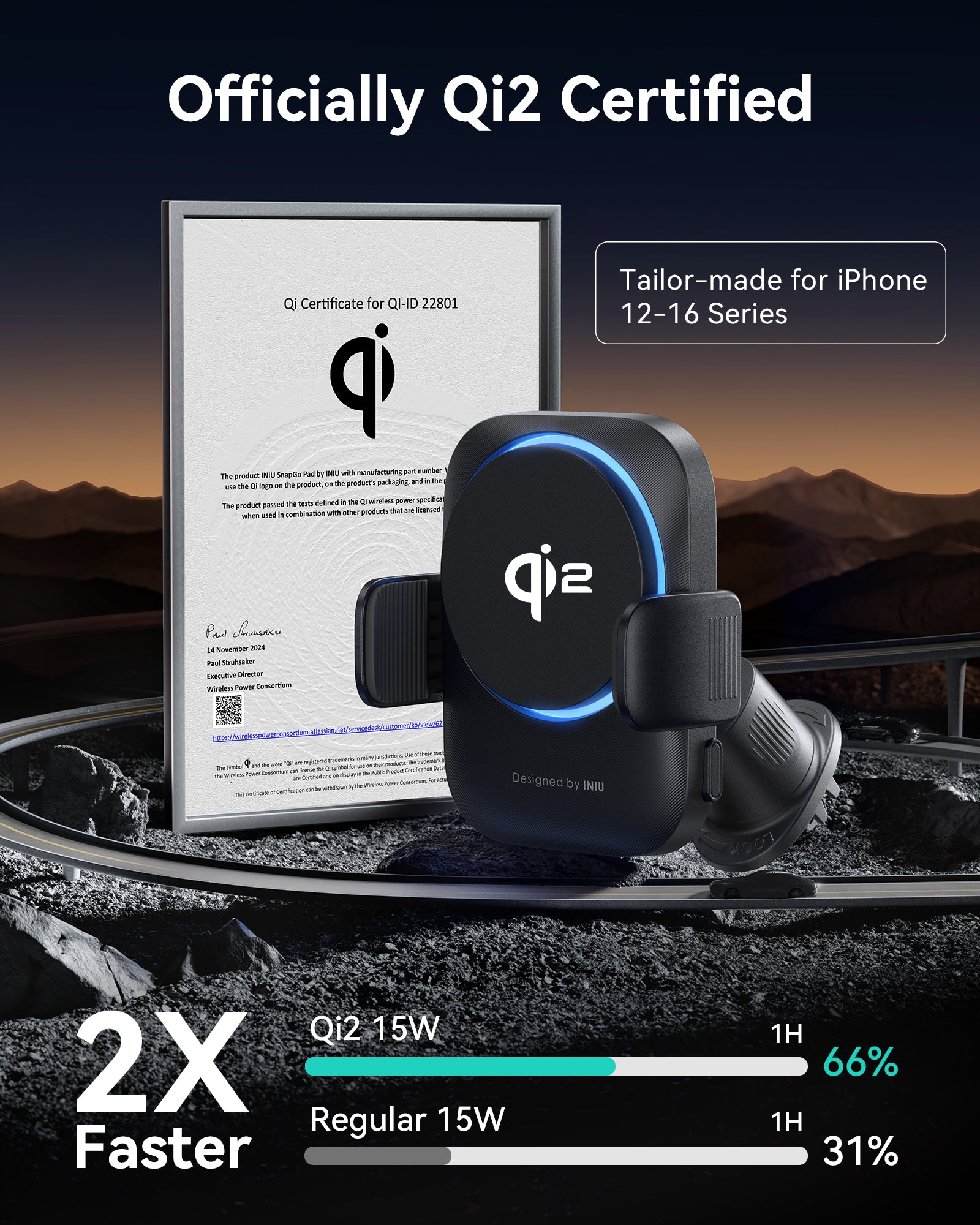 Cargador inalámbrico magnético para coche INIU SnapGo V11-E1 Qi2 de 15 W