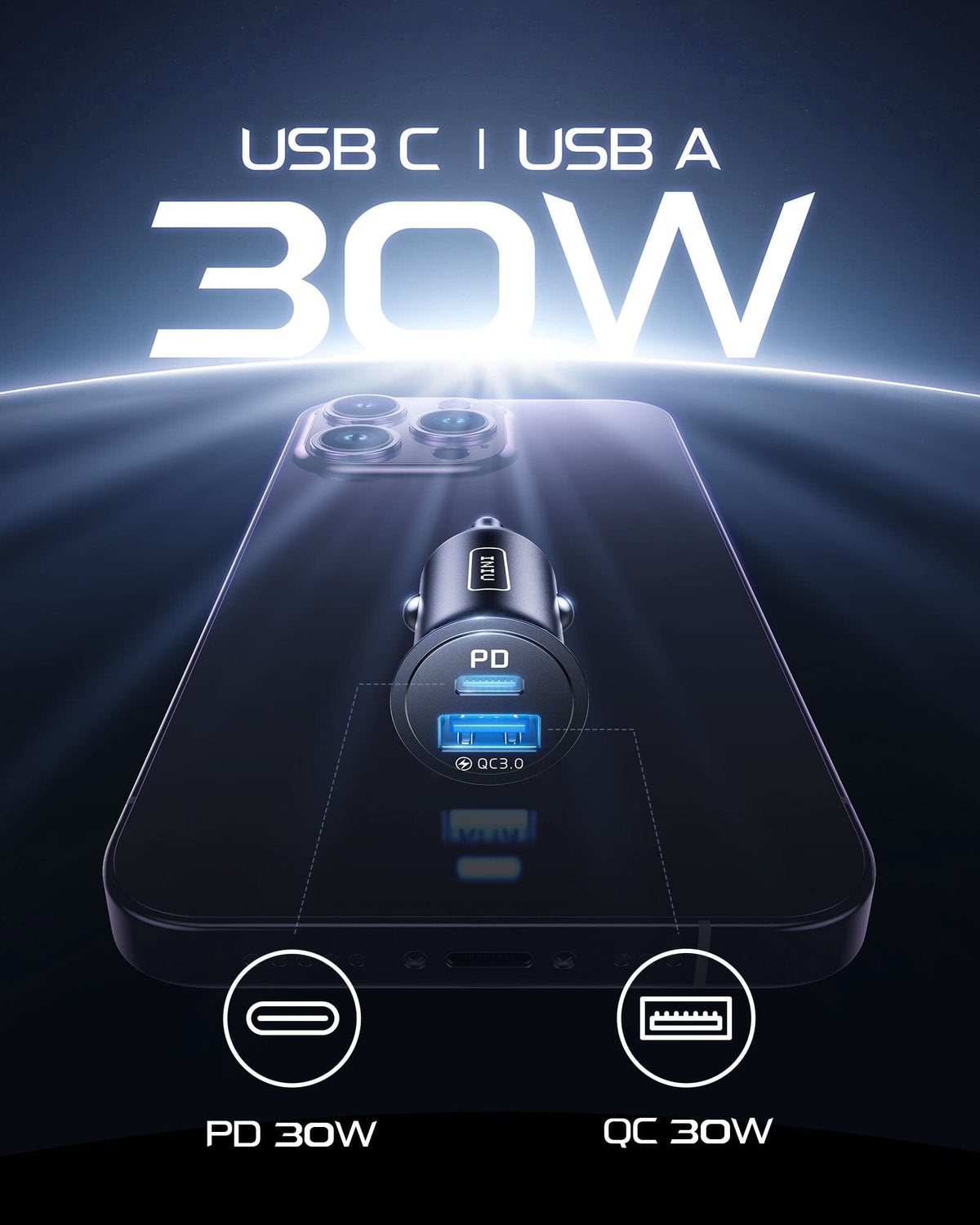 INIU 60W dual port car charger with USB-C PD & USB-A QC 3.0, Black Friday deals on chargers for phones.