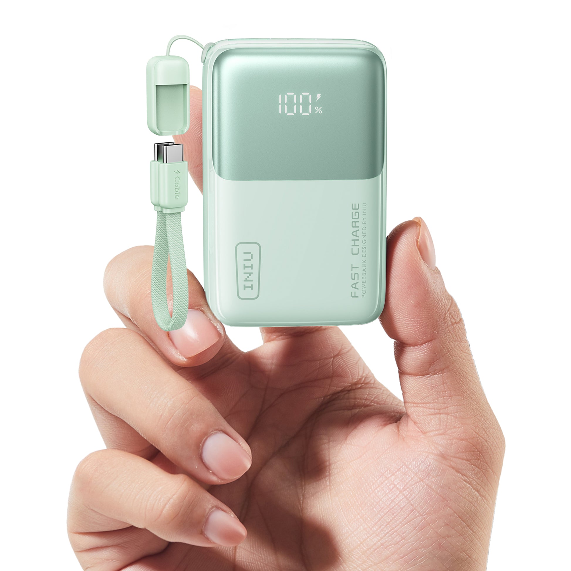 INIU P50-E1 Power Bank: Light green, compact design held in hand, USB-C cable and Fast Charge.