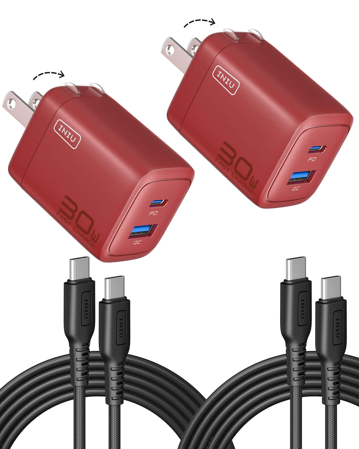 Two red INIU 30W dual port fast chargers with USB-C cables, Black Friday tech gifts for men, chargers on sale.