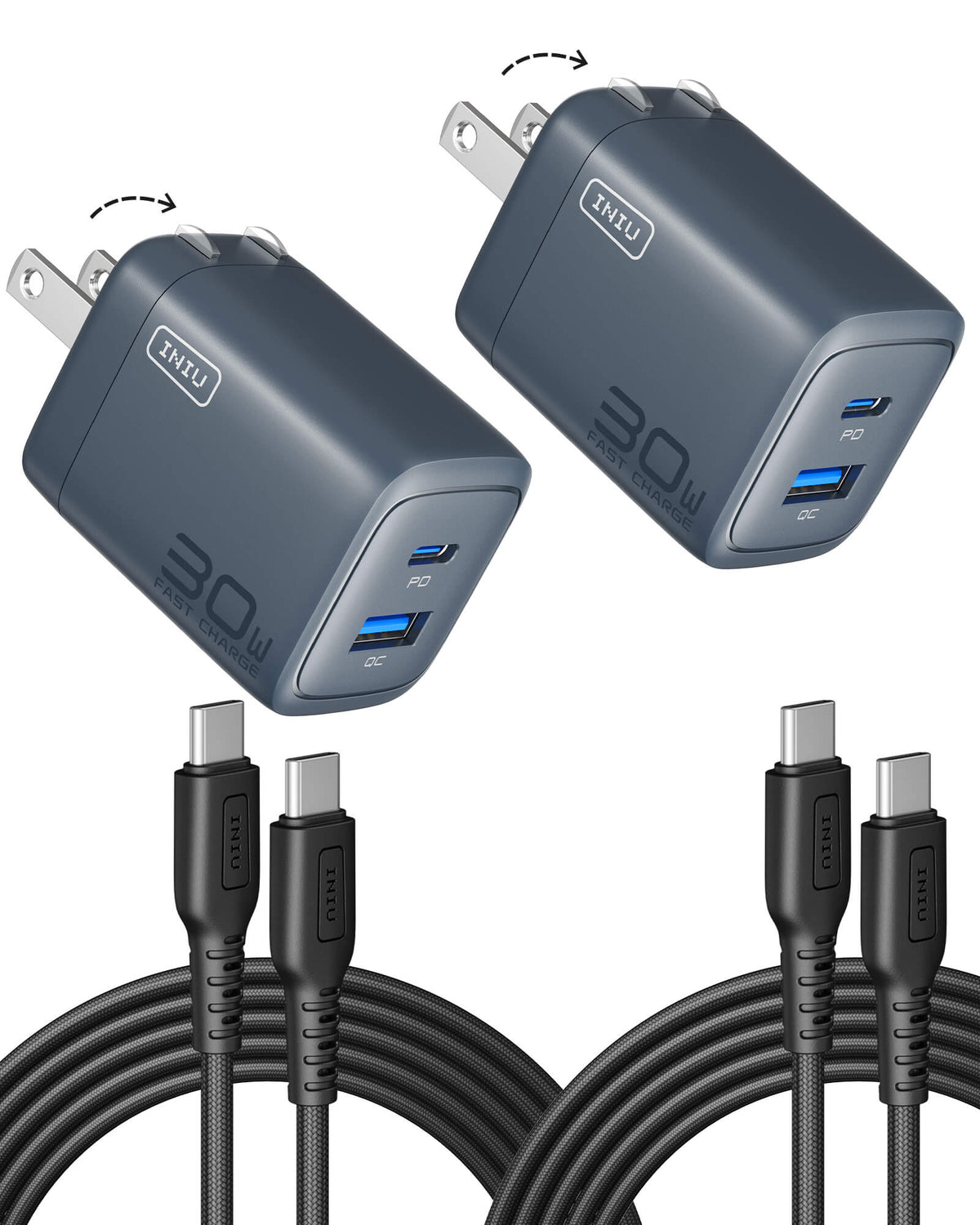 Two INIU 30W dual port chargers and USB-C cables, perfect Black Friday tech gifts for men.