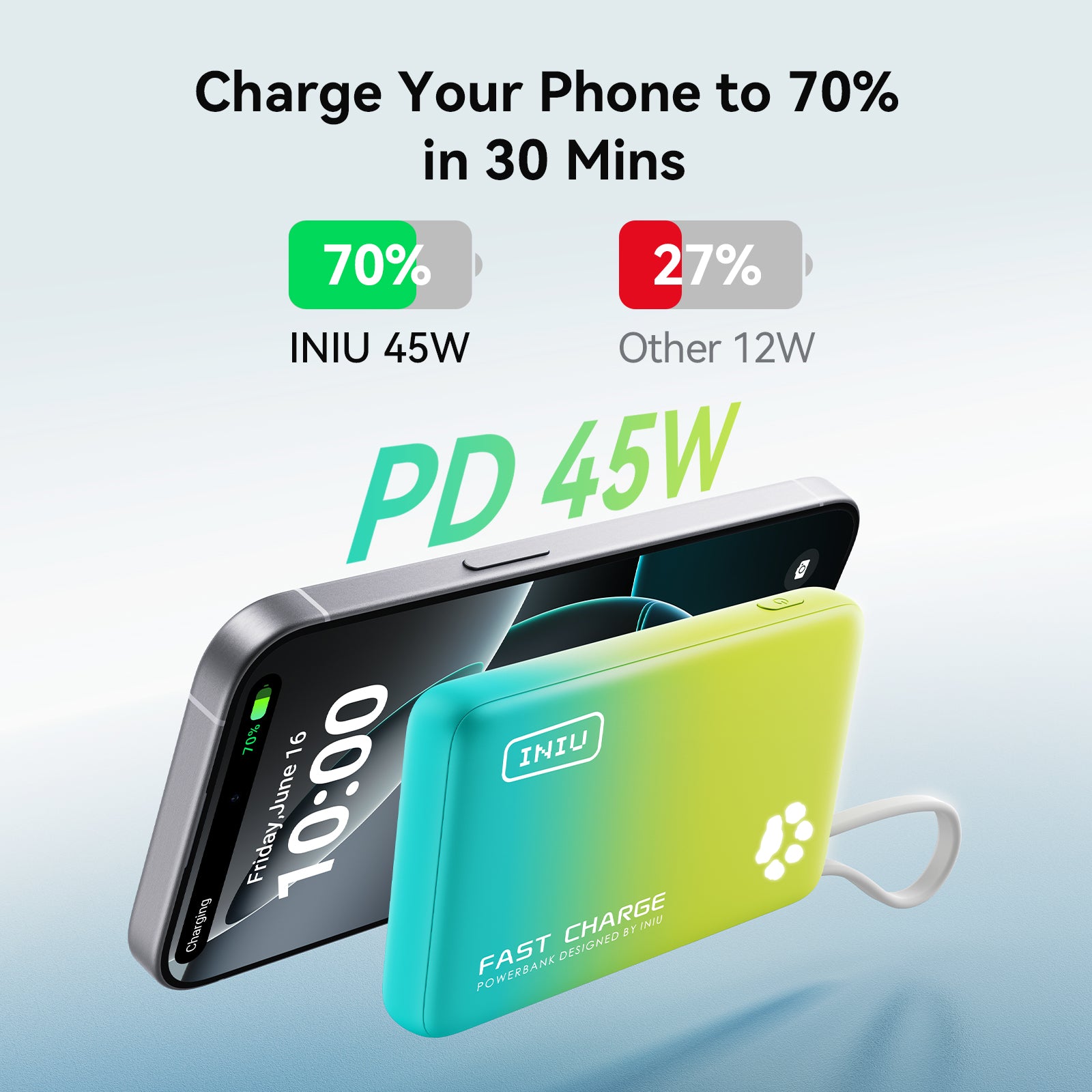 INIU Łapowaty P41L-E2 Power Bank z wbudowanym kablem, najcieńszy 45 W, 10000 mAh