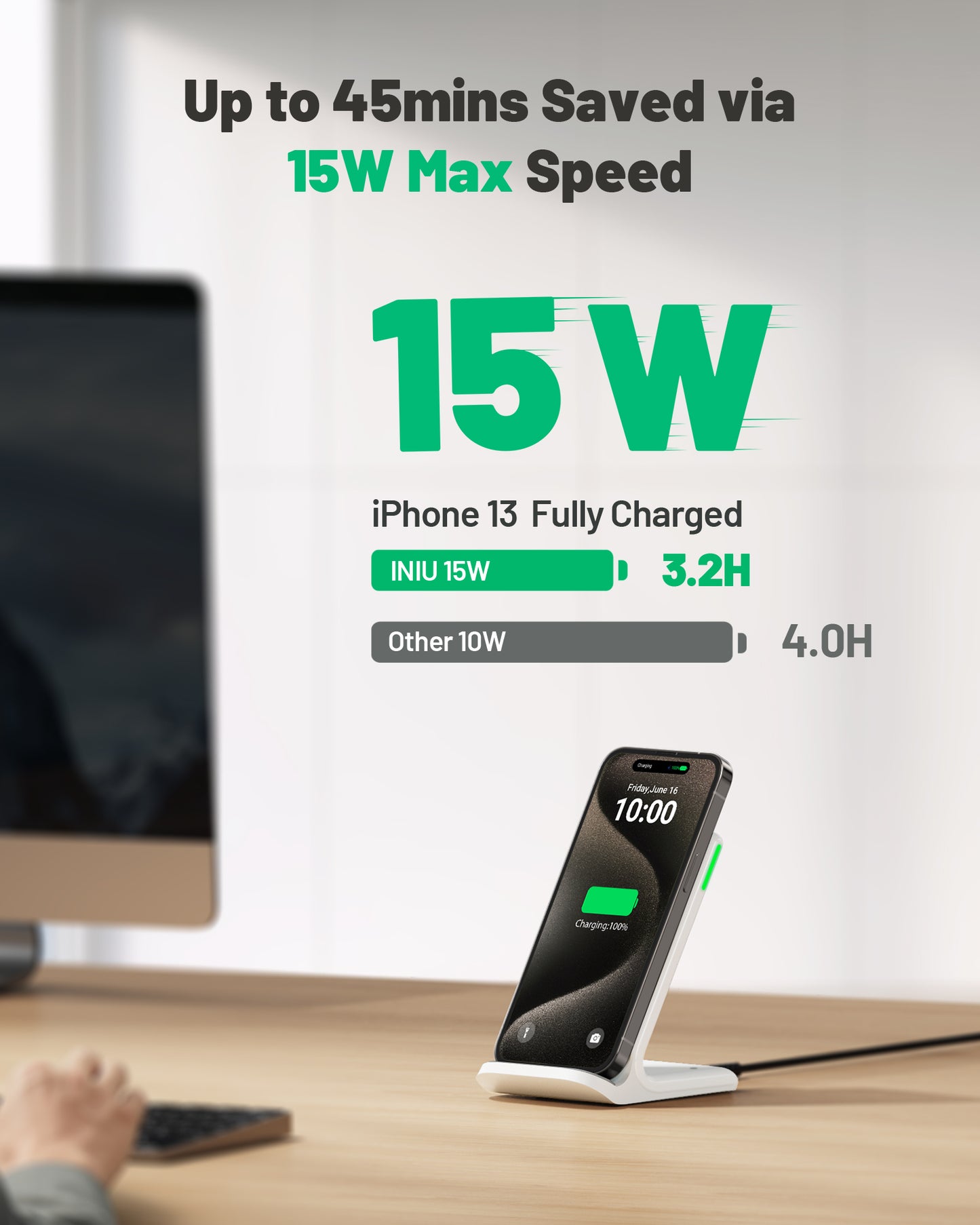 INIU I211 Caricabatterie wireless certificato Qi da 15 W con luce adattiva adatta al sonno, compatibile con iPhone 14, 13, 12 Pro, Samsung S21, Google LG, iPad, tablet, ecc.