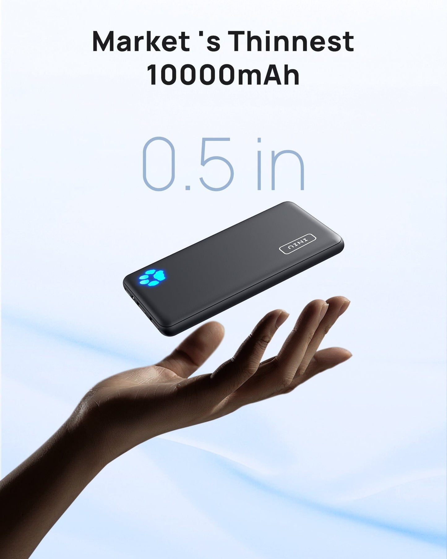 INIU B41 10000mAh power bank, black, ultra-slim design, 0.5 in, held by a hand,  market's thinnest portable charger