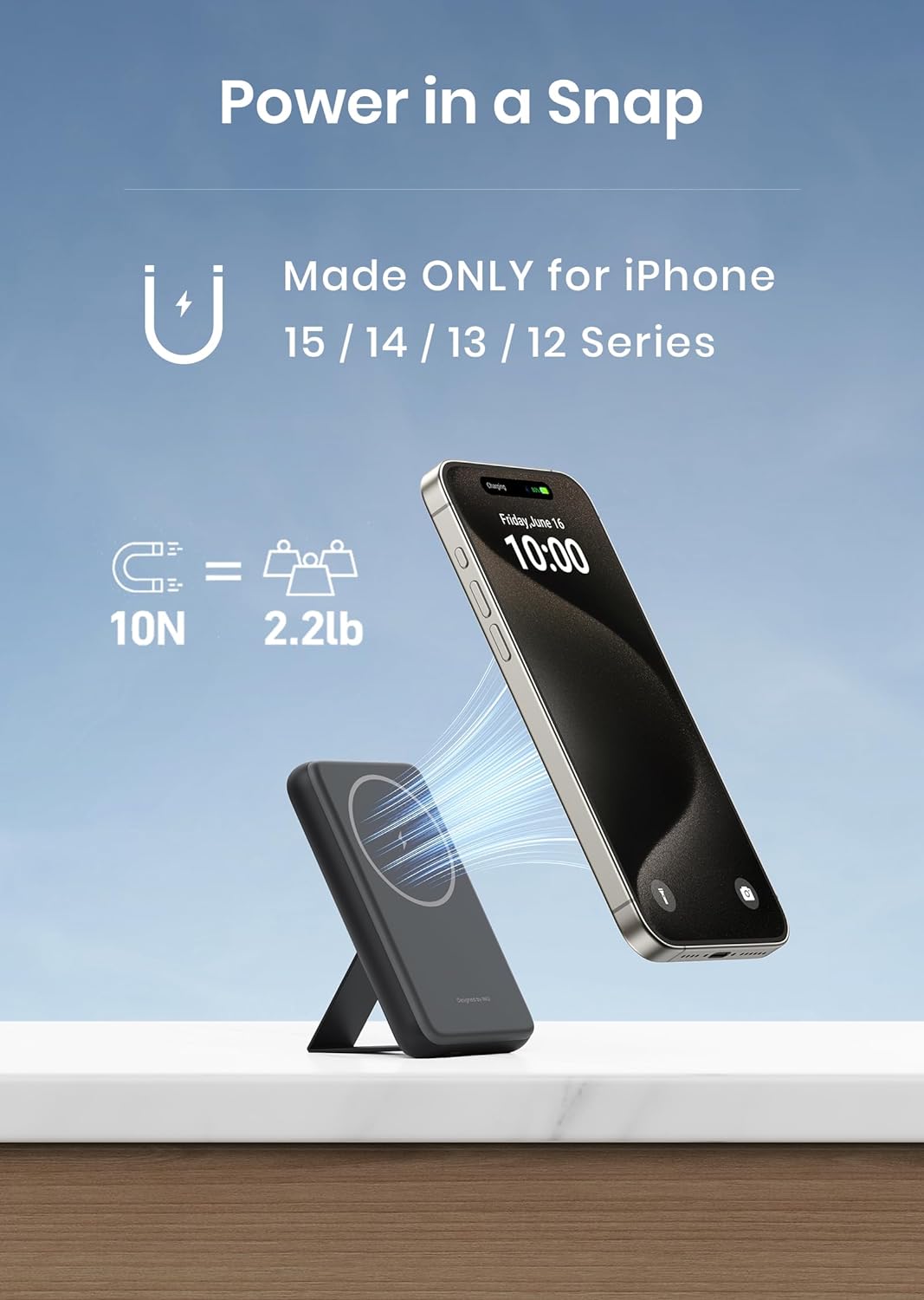 INIU für MagSafe Akku, schlankes 6000mAh 20W magnetisches tragbares Ladegerät mit faltbarem Ständer für iPhone 15/15 Plus/15 Pro/15 Pro Max, iPhone 14/13/12 Serie (mit 1ft 60W USB-C-C kabel)