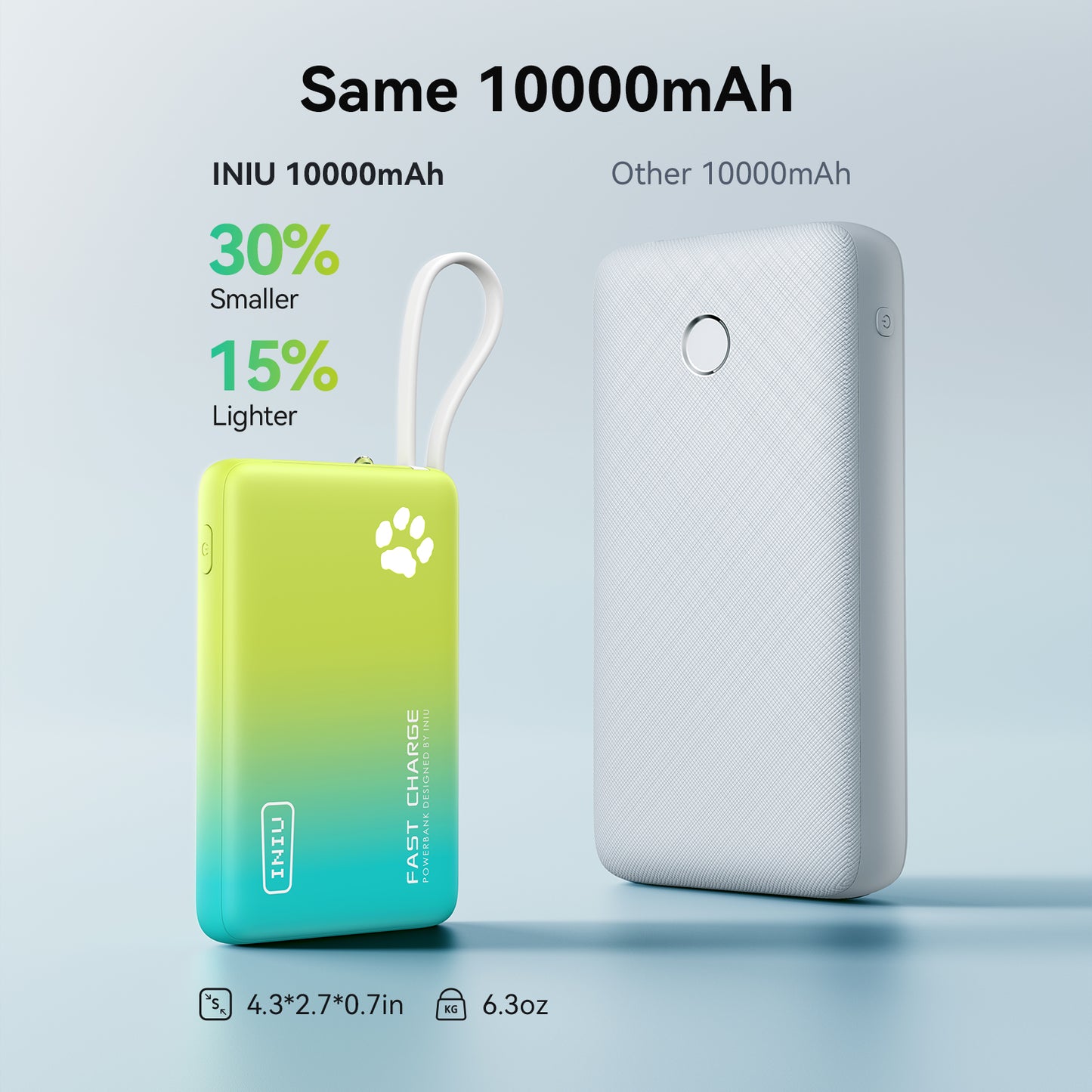INIU Pawsible P41L-Banque d'alimentation E2 avec câble intégré, la plus fine 45 W 10 000 mAh