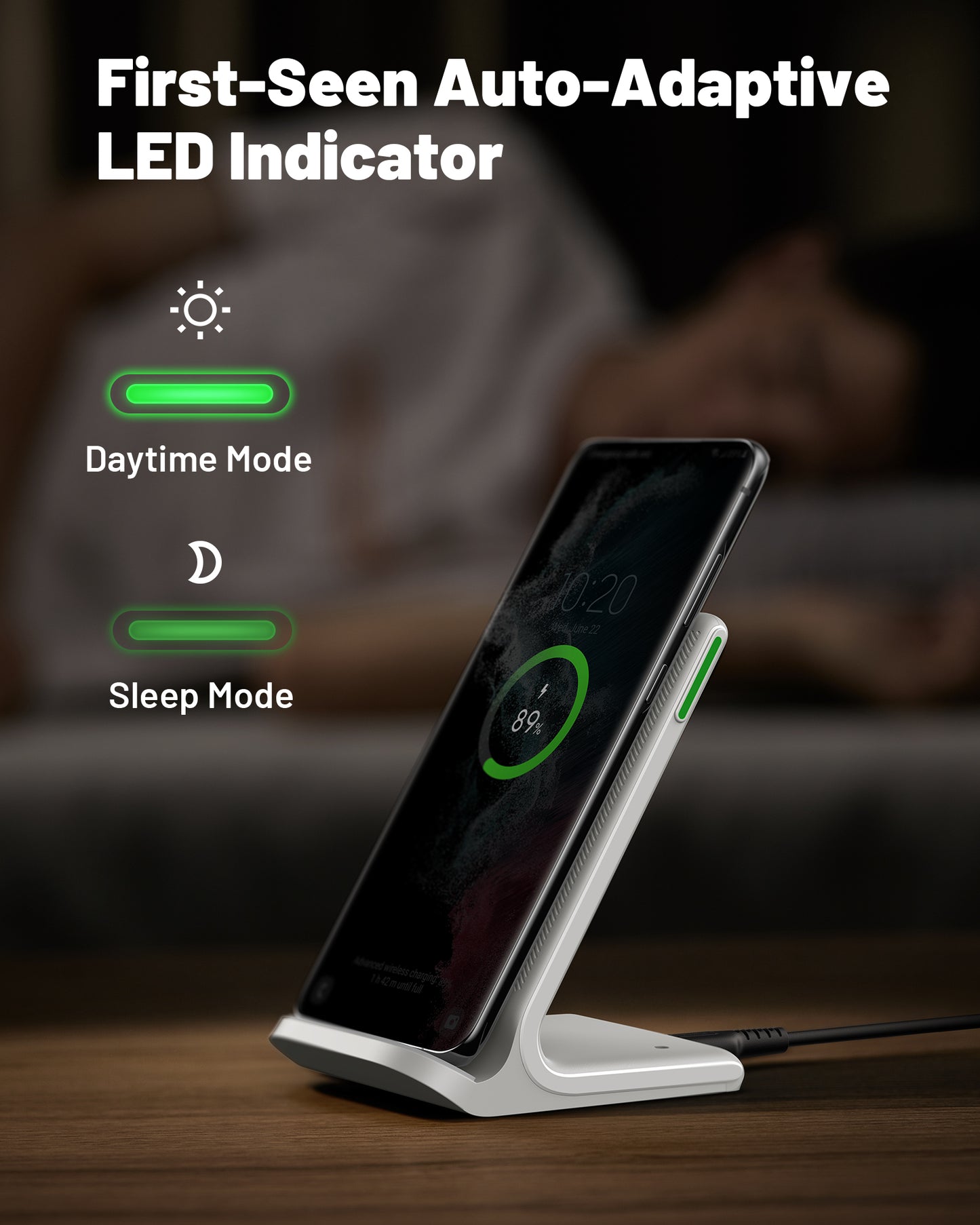INIU I211 Caricabatterie wireless certificato Qi da 15 W con luce adattiva adatta al sonno, compatibile con iPhone 14, 13, 12 Pro, Samsung S21, Google LG, iPad, tablet, ecc.