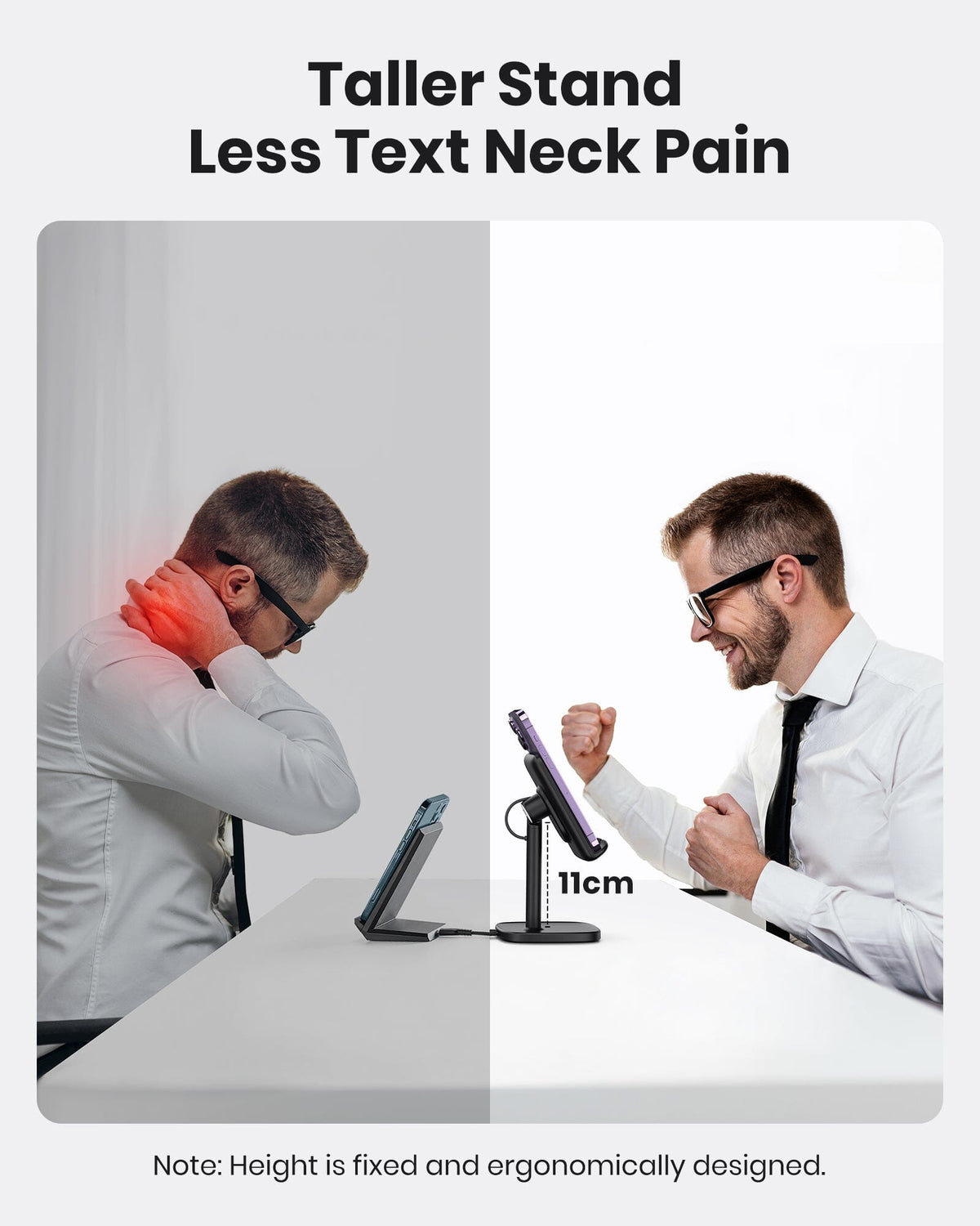 Man experiences neck pain then uses INIU ergonomic 15W wireless charger stand for comfort. Black Friday tech gifts deal.