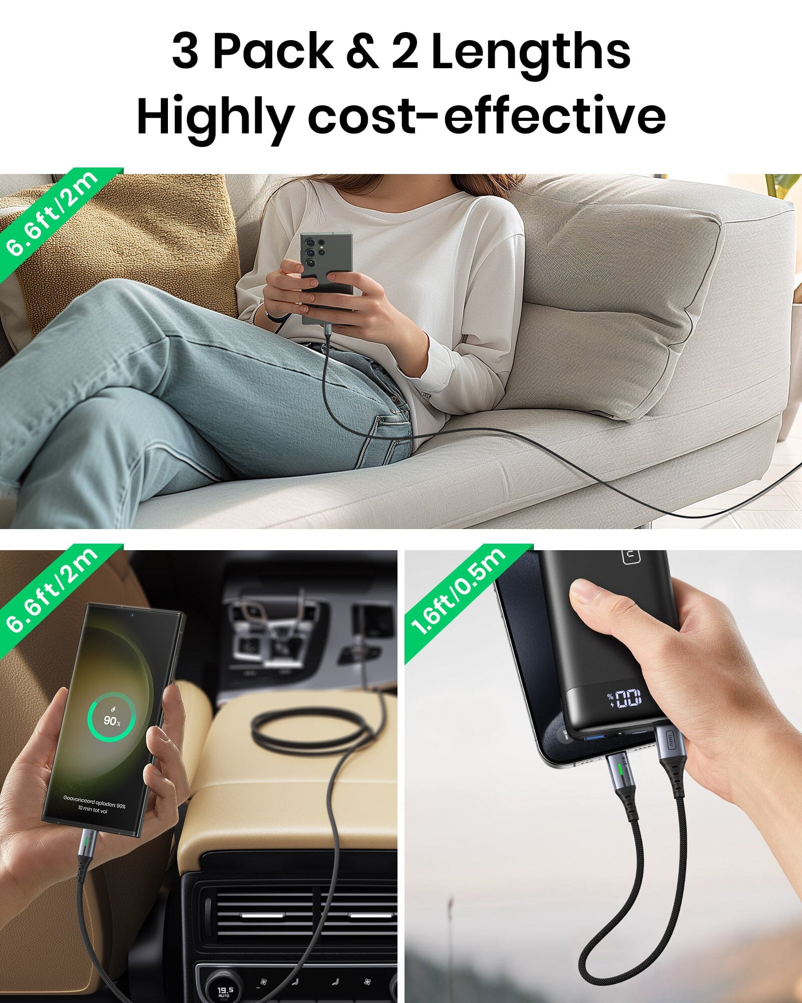 INIU D5C QC3.0 Cable USB tipo C de carga rápida (1.6 + 6.6 + 6.6 pies, paquete de 3)