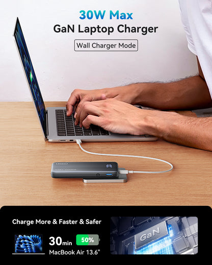 INIU P24-E1 GaN laptop charger, charging MacBook Air 13.6" in 30 min. Fast & safe.
