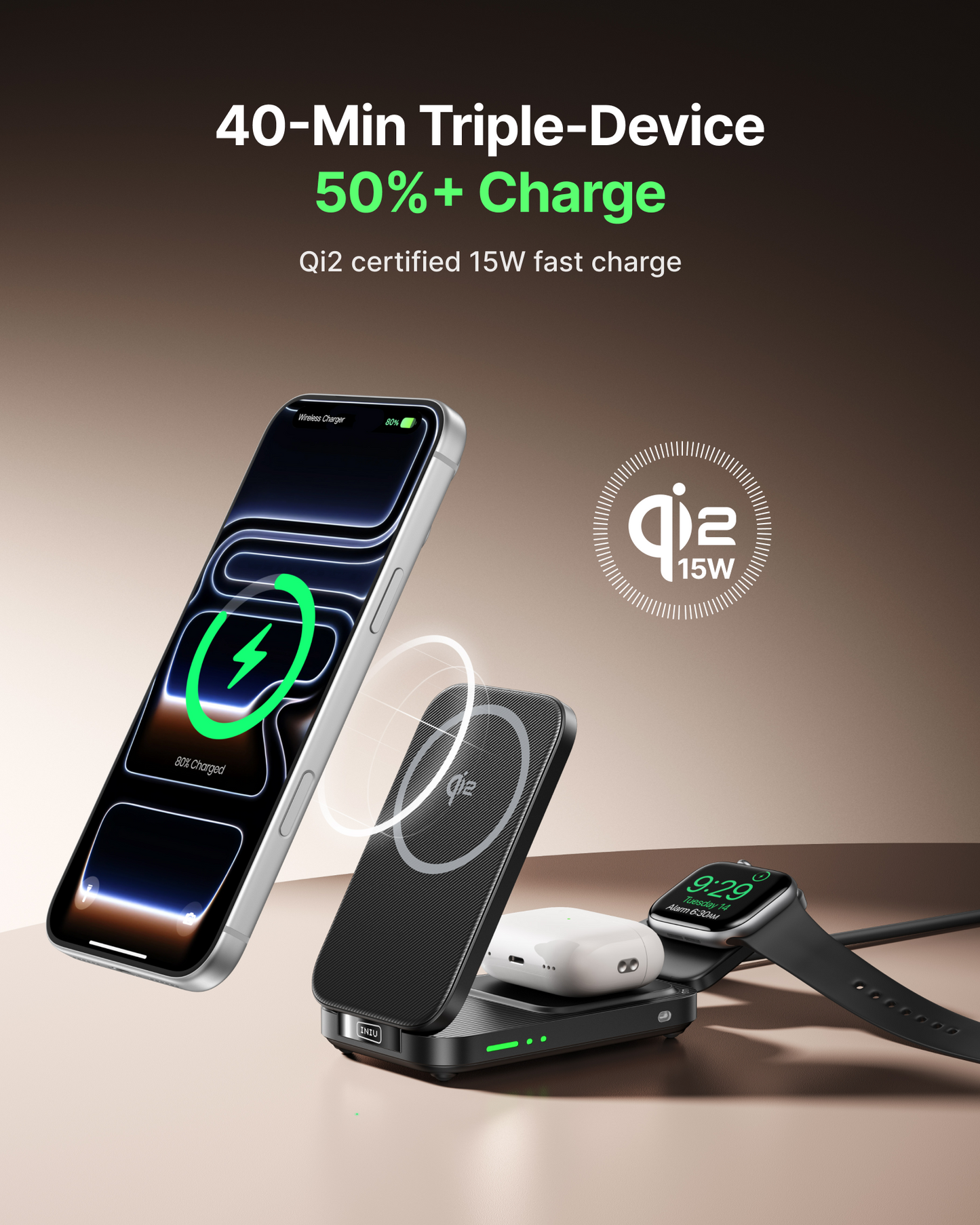 INIU Cargador inalámbrico plegable magnético SnapGo W31 Qi2 de 15 W 3 en 1