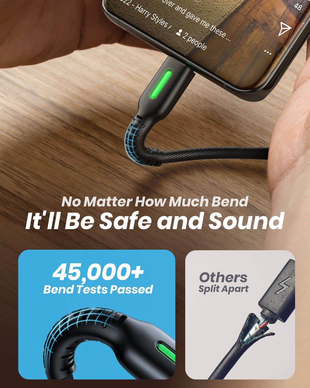 Durable USB C cable charging smartphone, passes 45k+ bend tests. Black Friday deals on power banks for phones.
