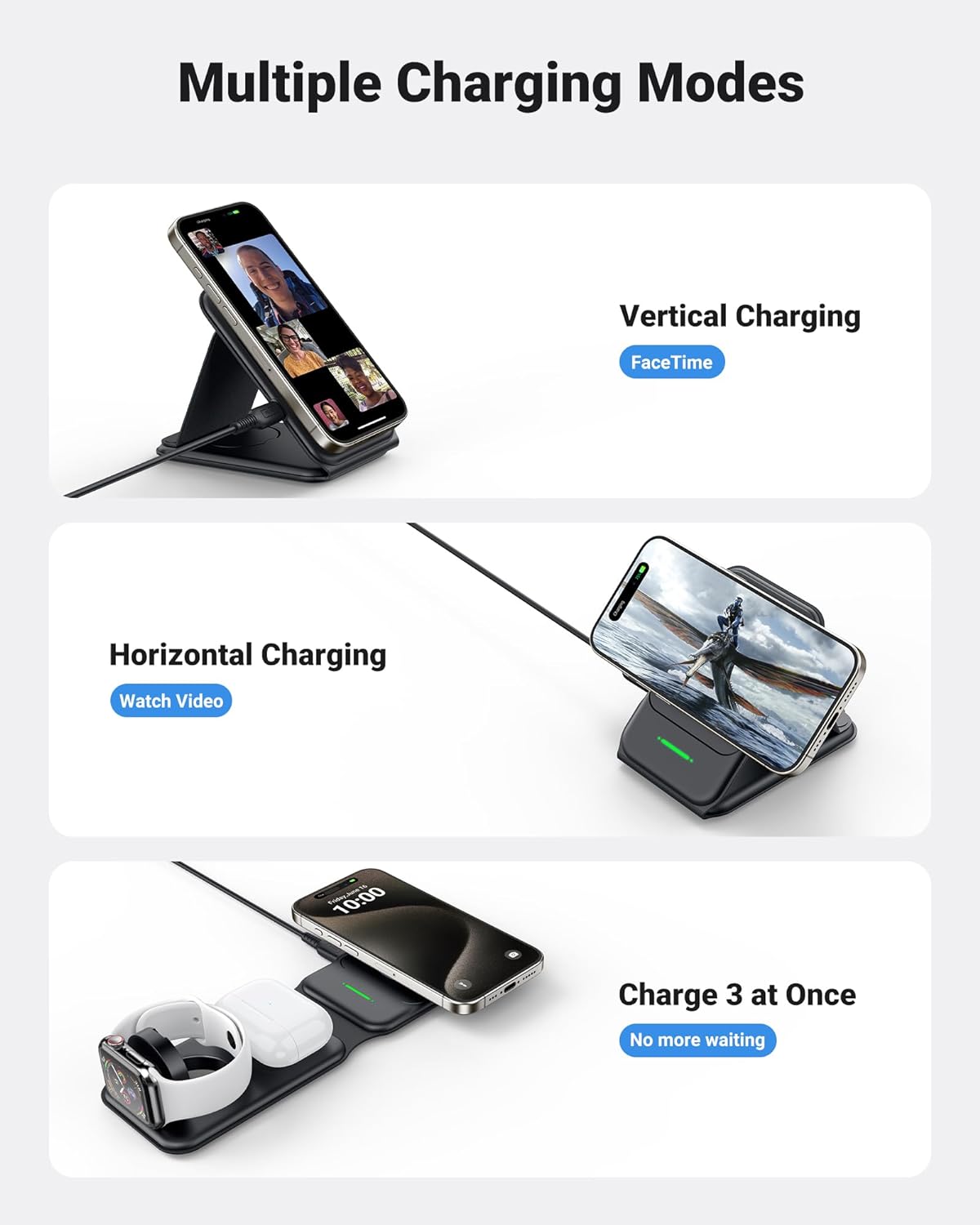 Caricatore Wireless InIU Magnetico Pieghevole 3 in 1 Compatibile MagSafe per iPhone 15/14/13/12 Serie, Apple Watch, AirPods (con Cavo C-C USB da 60W e Adattatore PD 20W)
