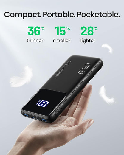 INIU 10000mAh Power Bank - Black, compact, fast charge, LED display, thinner, lighter.
