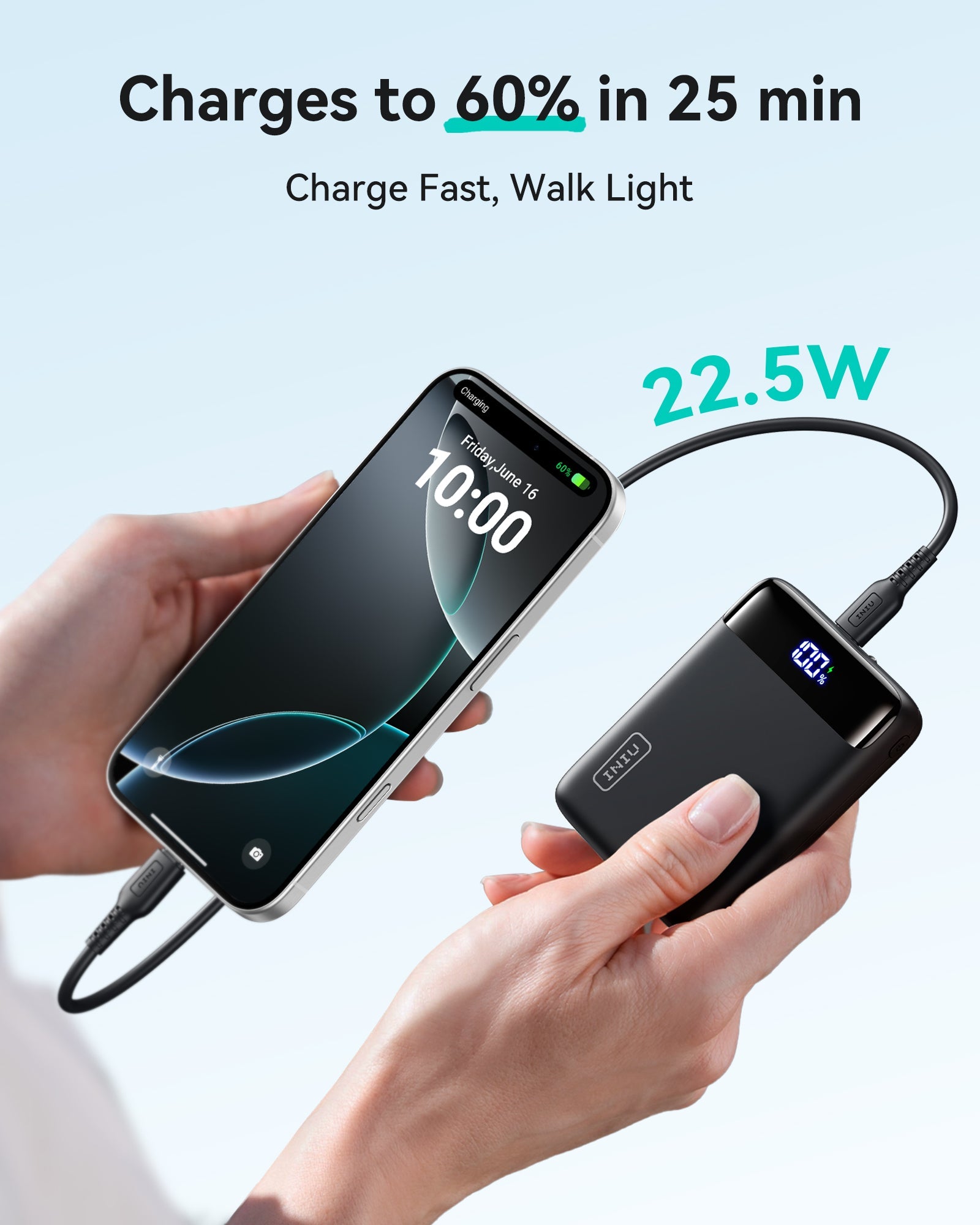 INIU Carry P51-E2 22.5W power bank charging iPhone, fast charging to 60% in 25 min. Black portable charger.