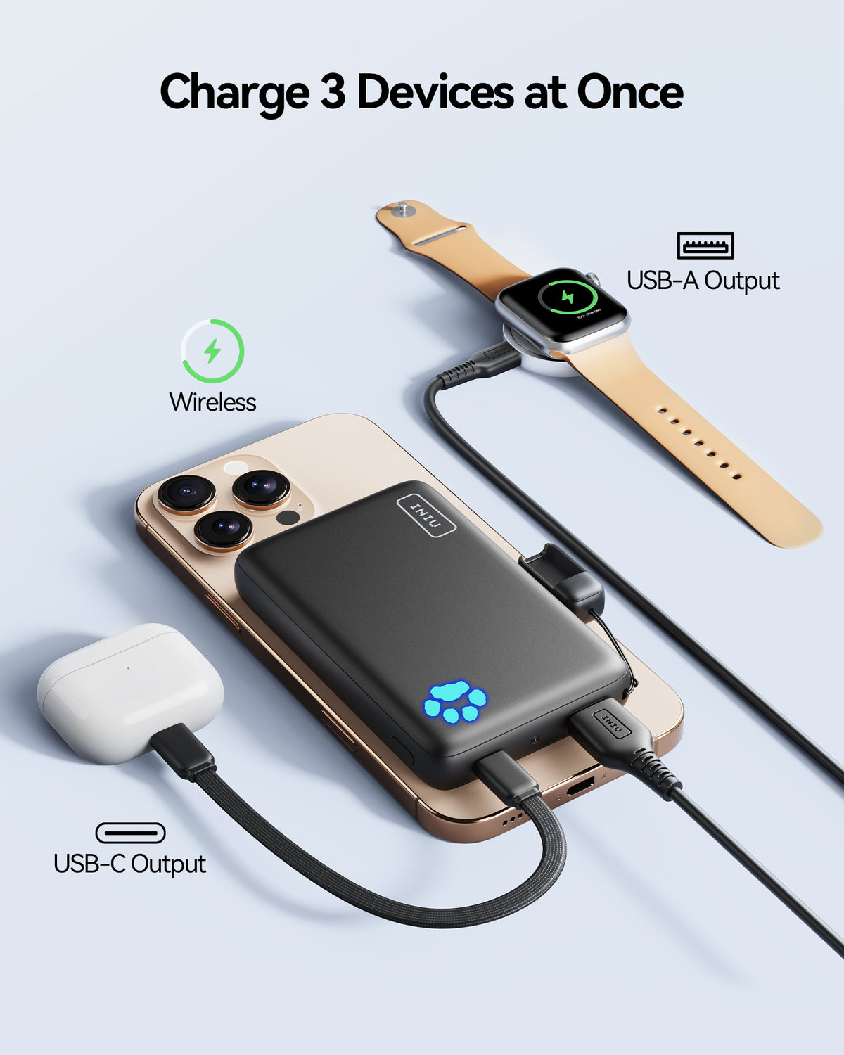 INIU 10000mAh power bank charges iPhone wirelessly, AirPods & Watch via USB. Black Friday deals.