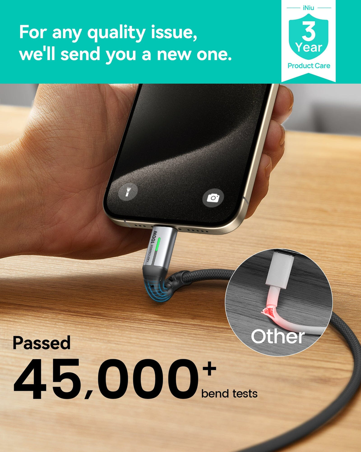 INIU D5CC 100W USB C to C cable, fast charging for iPhone & MacBook Pro, durable, and 3-year warranty.
