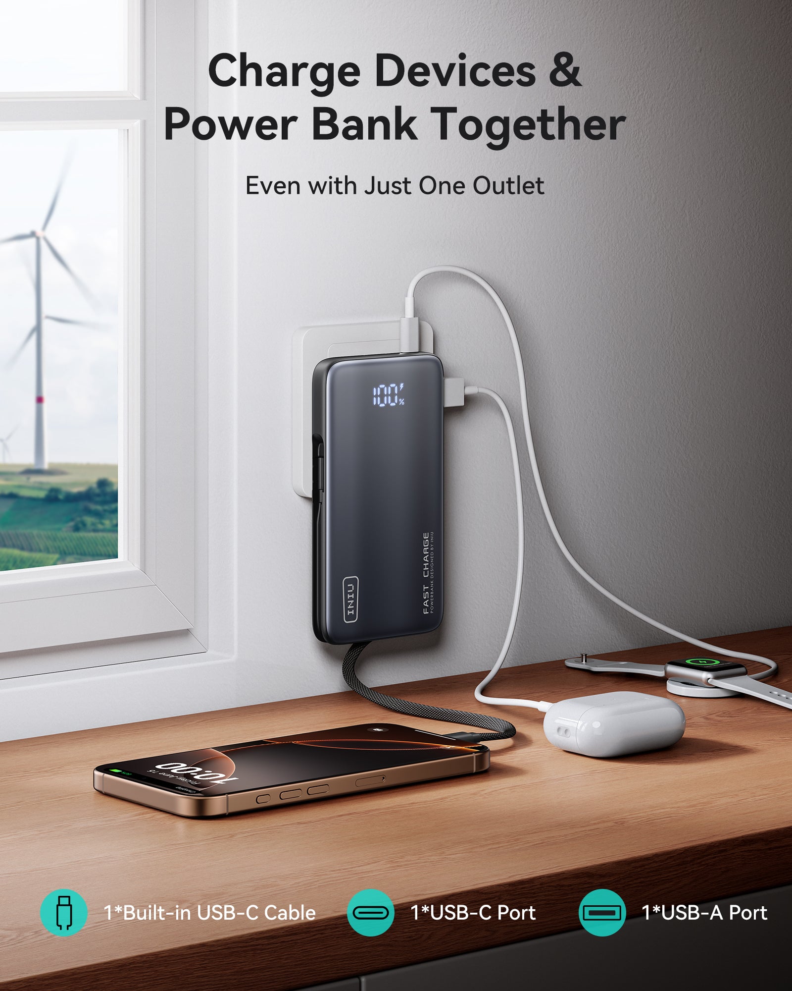 INIU P24-E1 Power Bank charging phone, AirPods, and Apple Watch simultaneously. Features USB-C cable, port, and USB-A port.