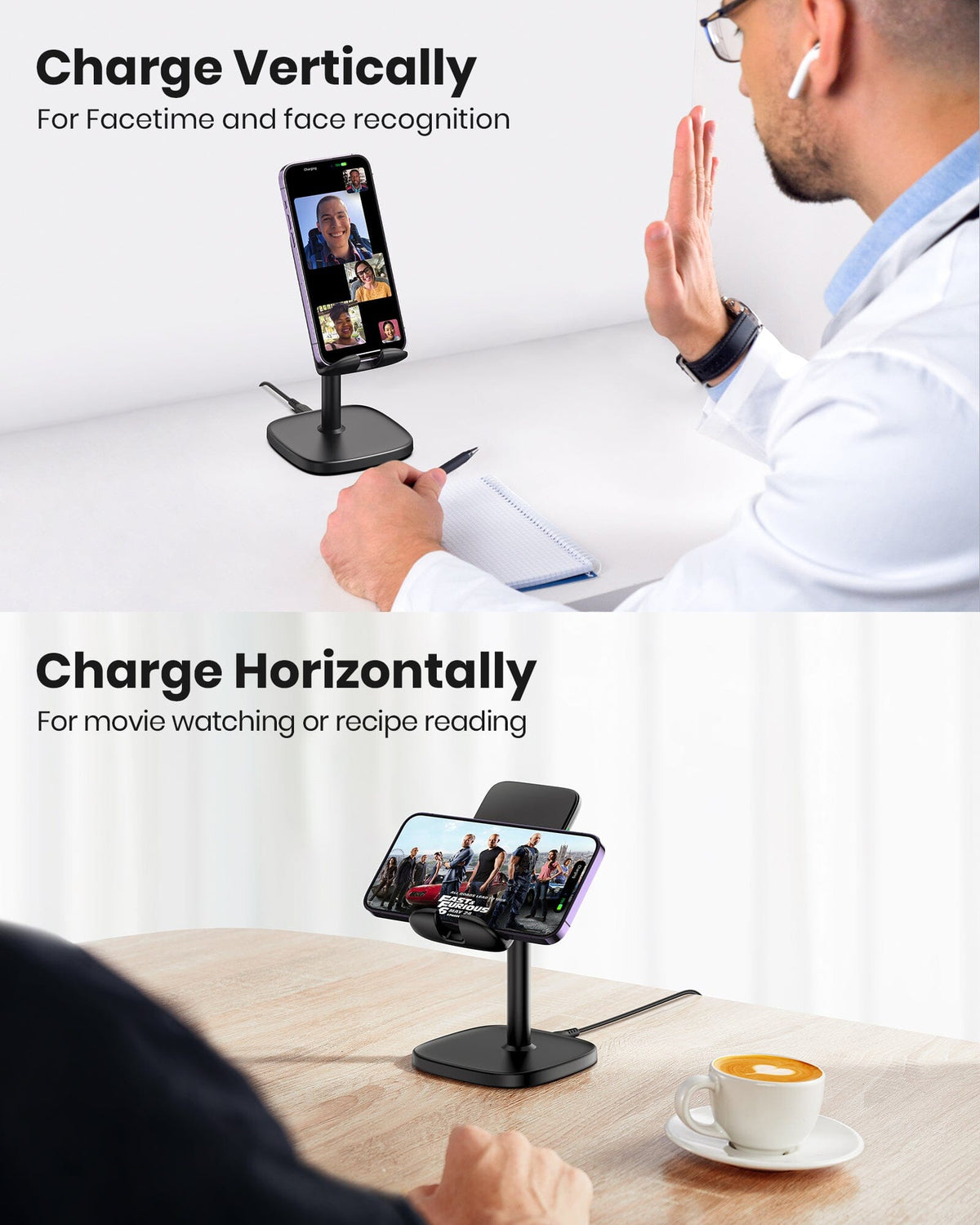 INIU 15W adjustable wireless charger stand for phones. Charge vertically or horizontally. Black Friday tech gift.