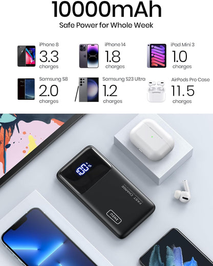 INIU 10000mAh Power Bank: Black, fast charge portable charger, charging various devices. Safe power for a week.