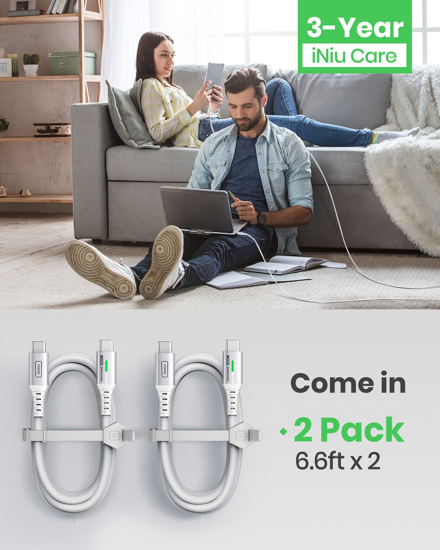 INIU D5CC USB C to C Cable White 100W