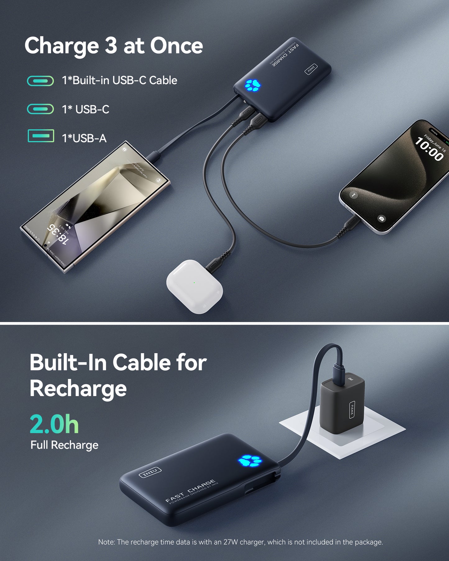 INIU Pawsible P41L-E1 Power Bank con cavo integrato, sottilissimo 20W 10000mAh