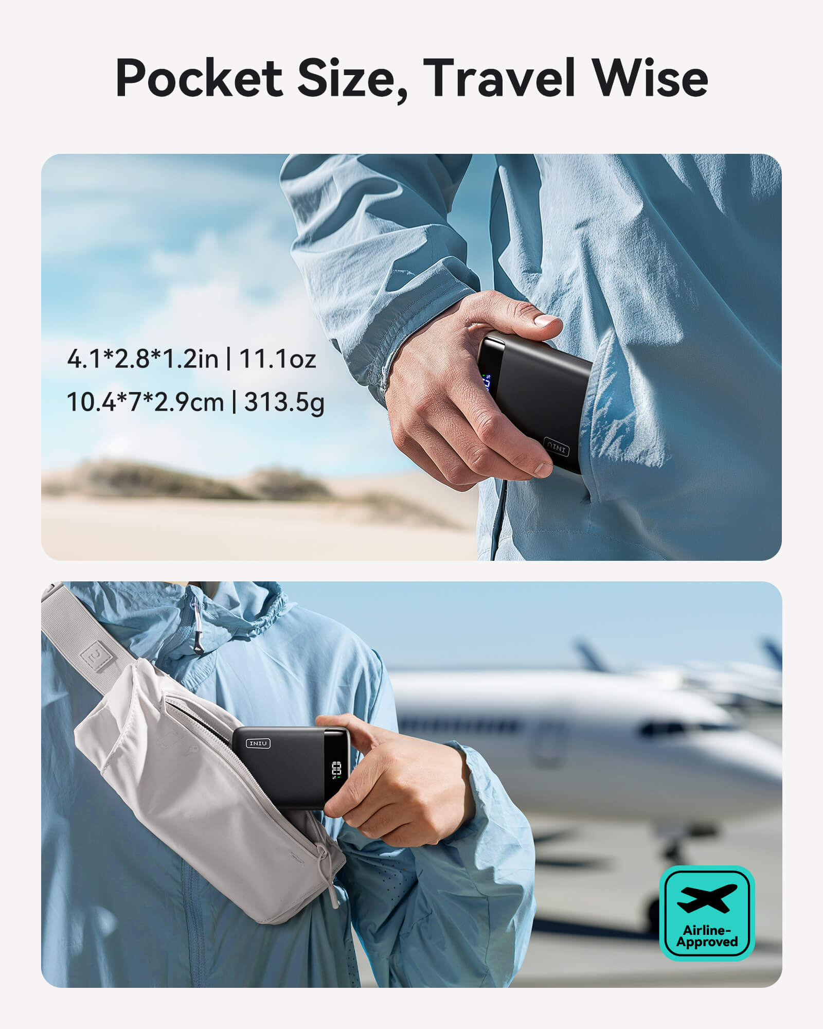 INIU Carry P51-E2 Power Bank, pocket-sized and travel-wise, shown in hand with airline approval, black portable charger