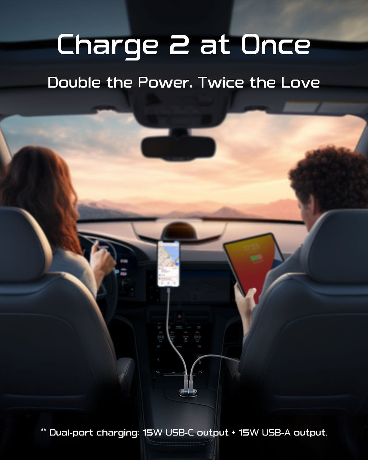 INIU 60W dual USB-C PD & USB-A car charger, charging phone & tablet. Black Friday deals on tech gifts for men.