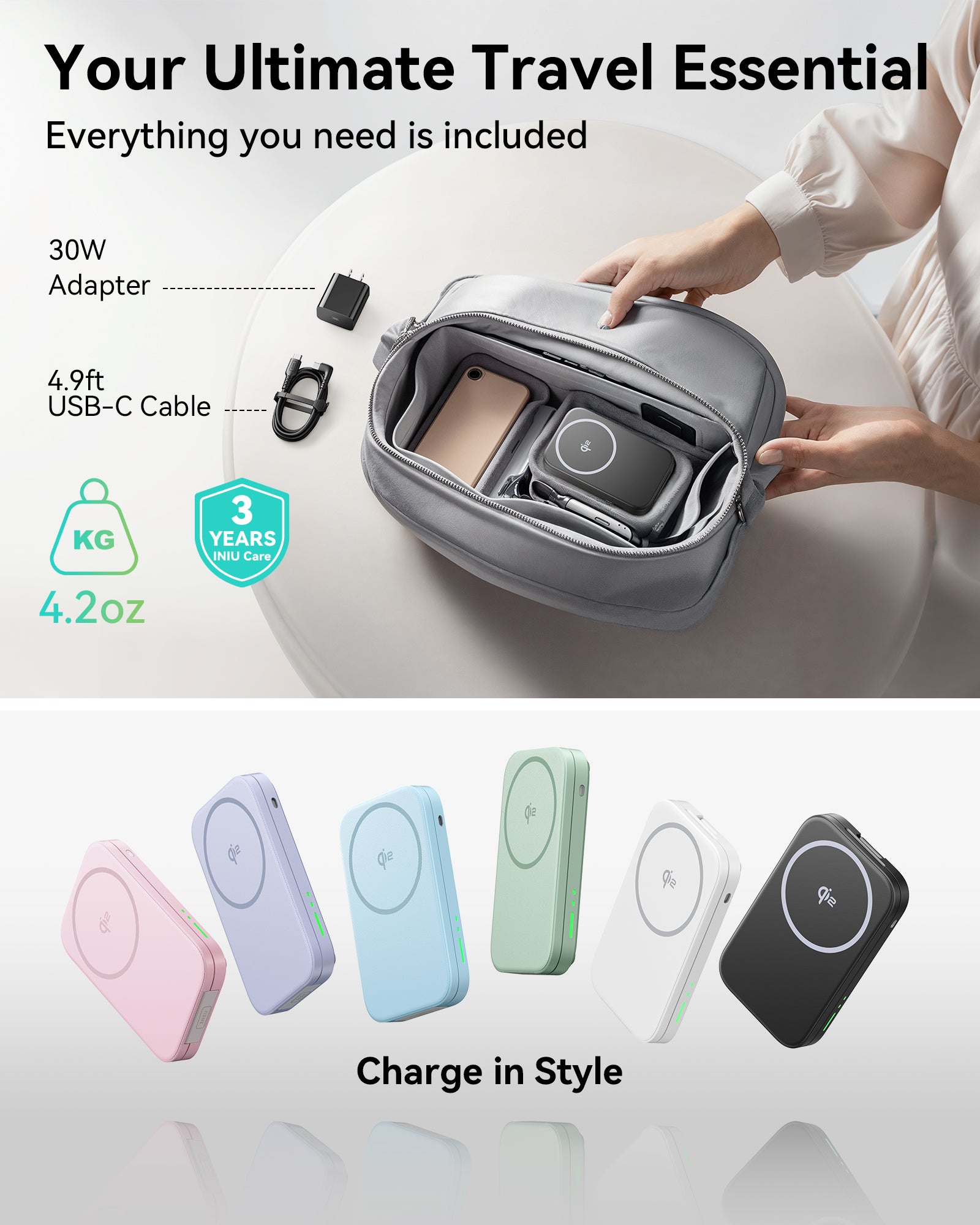 Cargador inalámbrico magnético plegable INIU SnapGo W31-E1 Qi2 de 15 W 3 en 1