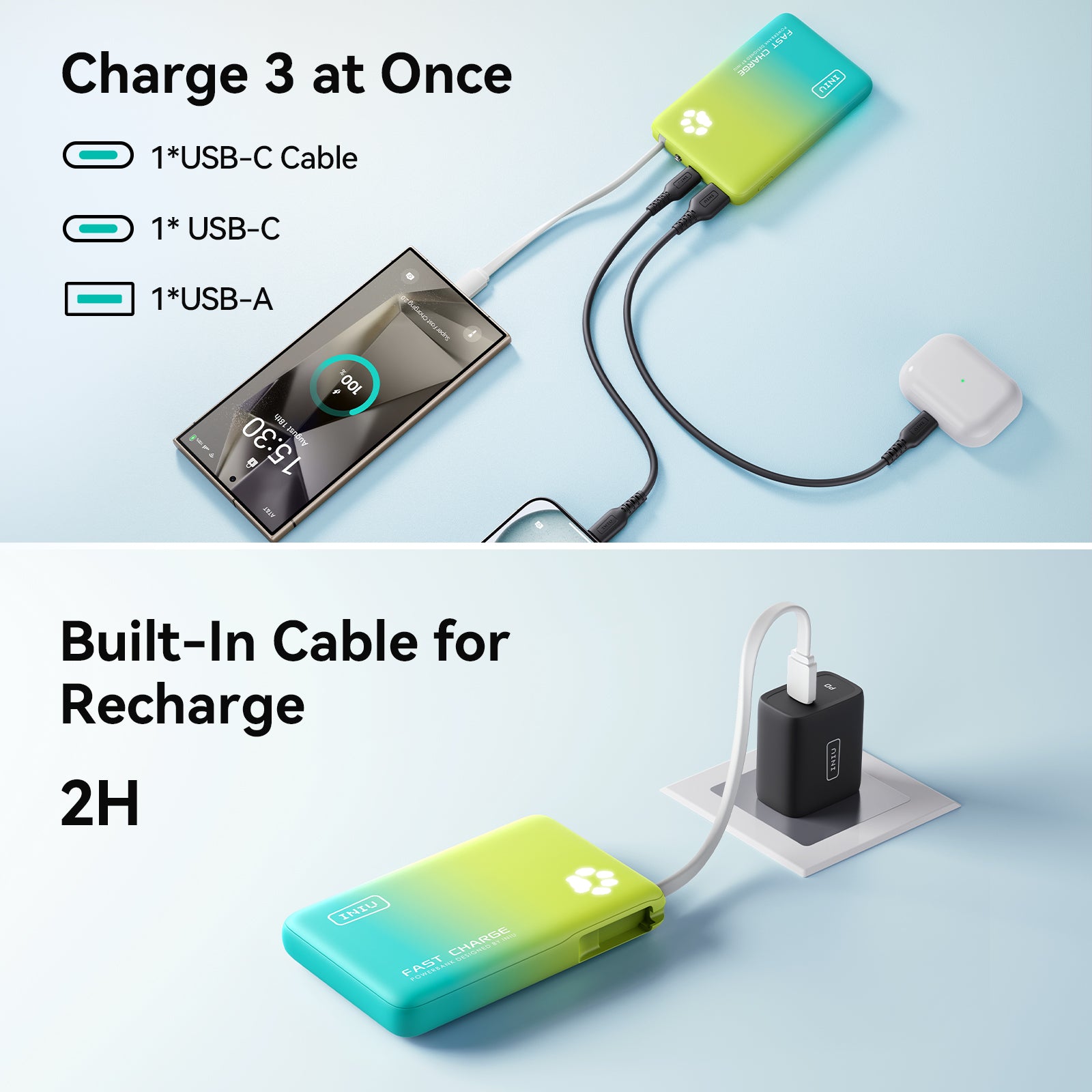 INIU Łapowaty P41L-E2 Power Bank z wbudowanym kablem, najcieńszy 45 W, 10000 mAh