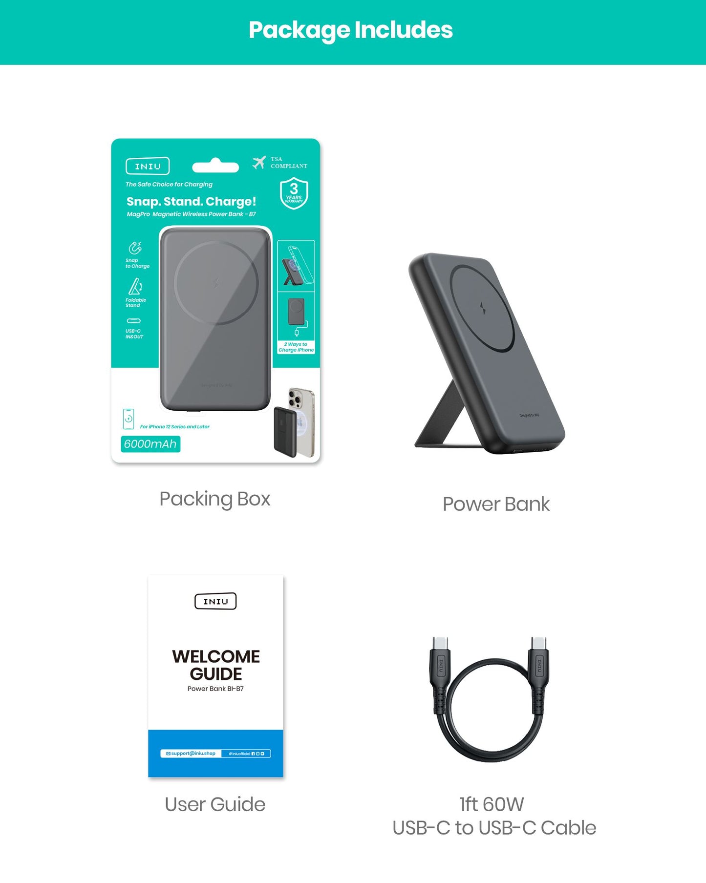 INIU für MagSafe Akku, schlankes 6000mAh 20W magnetisches tragbares Ladegerät mit faltbarem Ständer für iPhone 15/15 Plus/15 Pro/15 Pro Max, iPhone 14/13/12 Serie (mit 1ft 60W USB-C-C kabel)