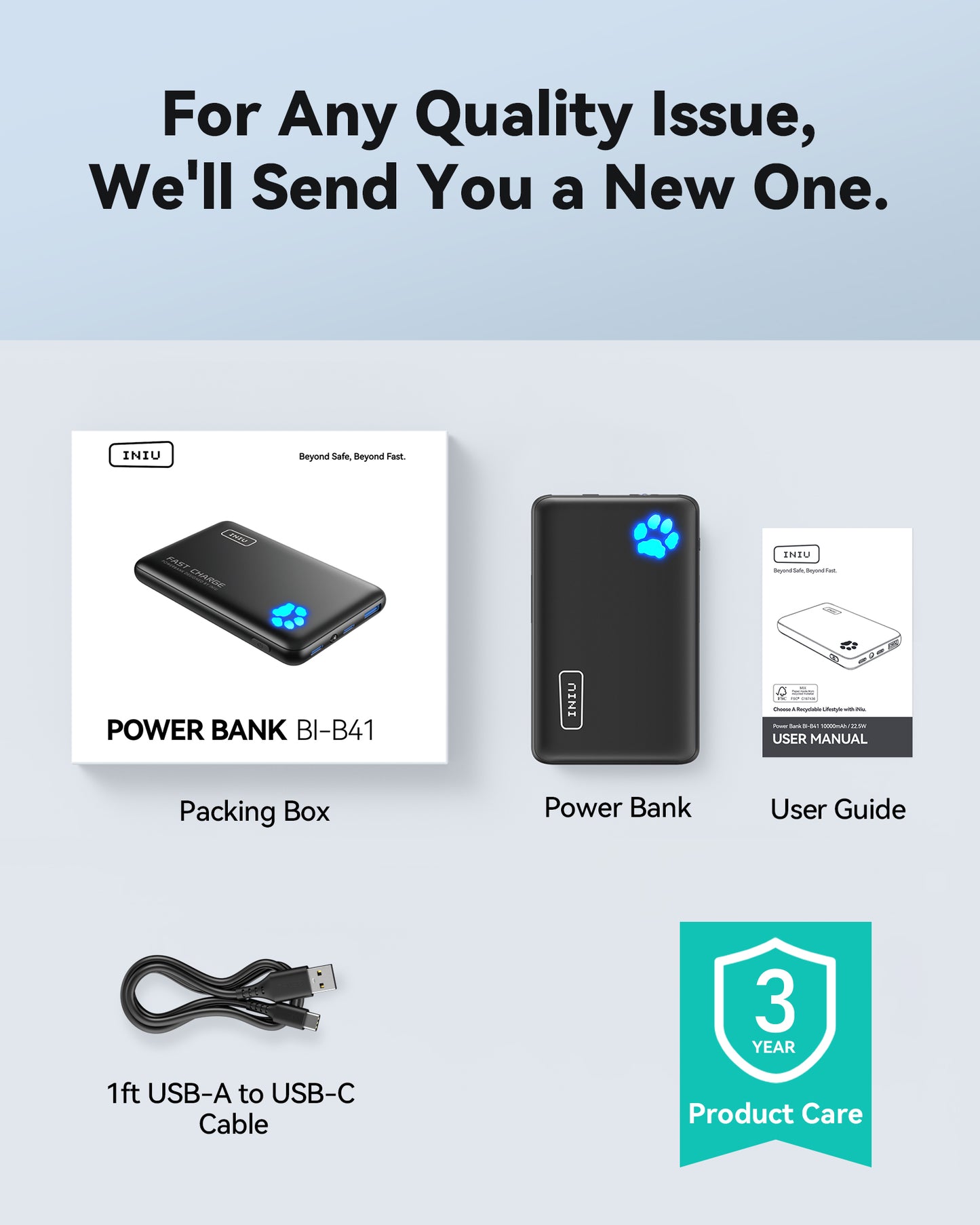 INIU Pawsible P41 Power Bank, ricarica rapida, 22,5 W, 10000 mAh