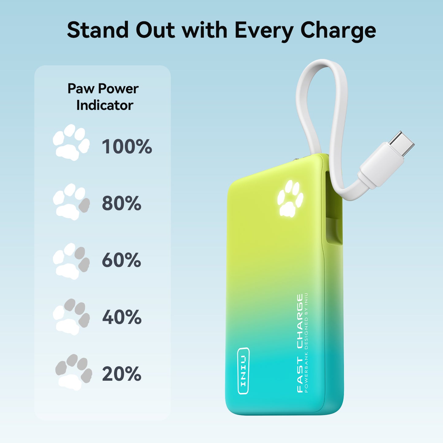 INIU Pawsible P41L-Banque d'alimentation E2 avec câble intégré, la plus fine 45 W 10 000 mAh