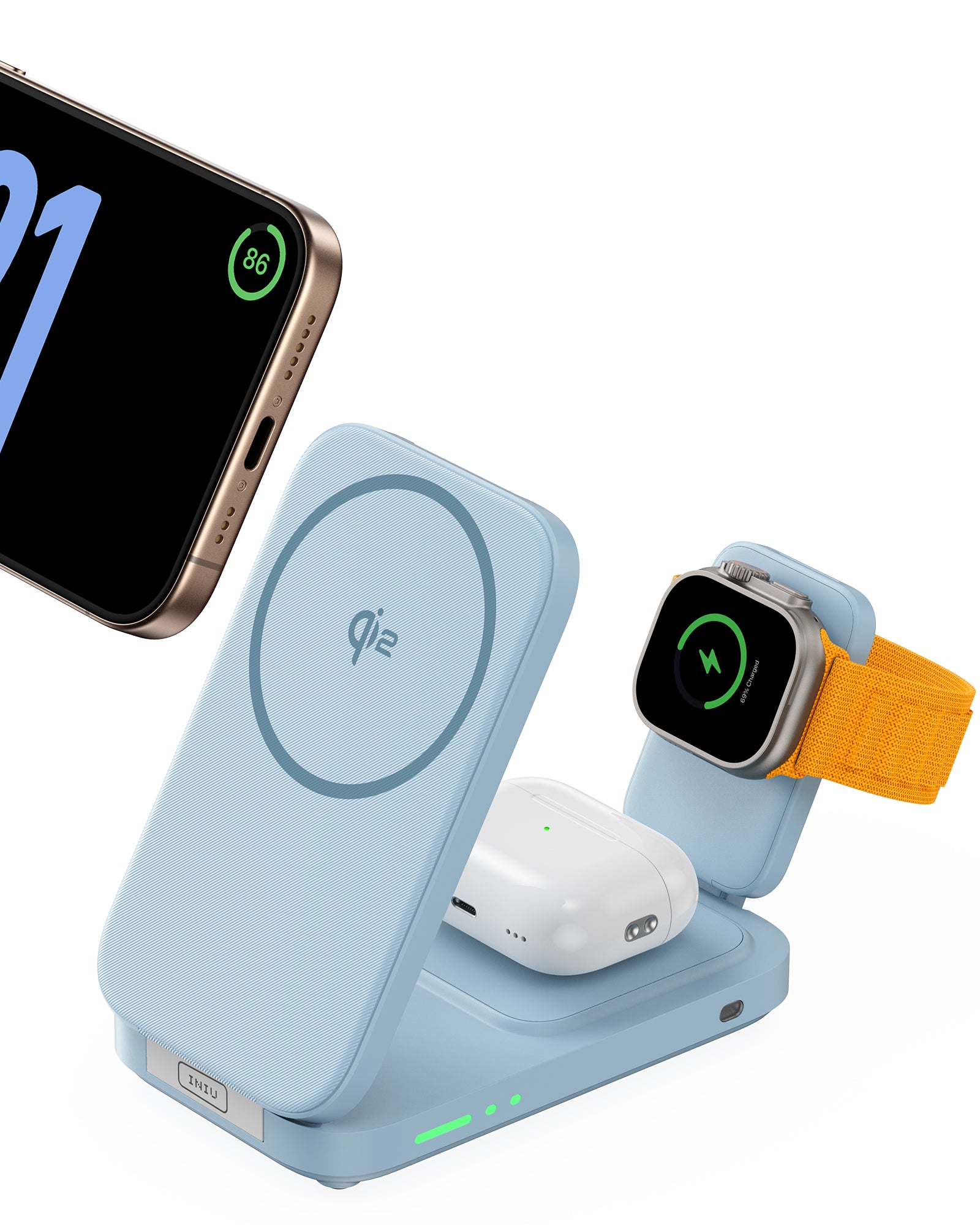 Cargador inalámbrico magnético plegable INIU SnapGo W31-E1 Qi2 de 15 W 3 en 1