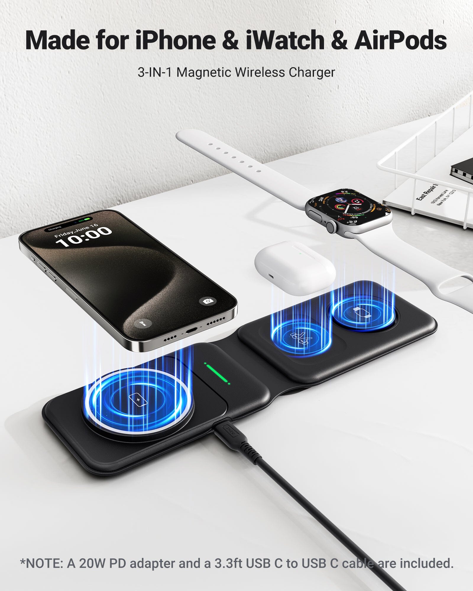 INIU SnapGo WI222 - Base de carga inalámbrica 3 en 1, multifunción magnética de 15 W