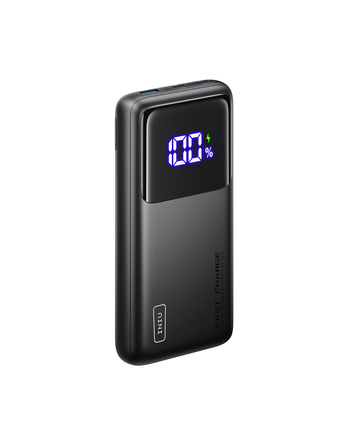 INIU B63 100W Power Bank: Black, digital display shows 100% with fast charge. Designed by INIU.