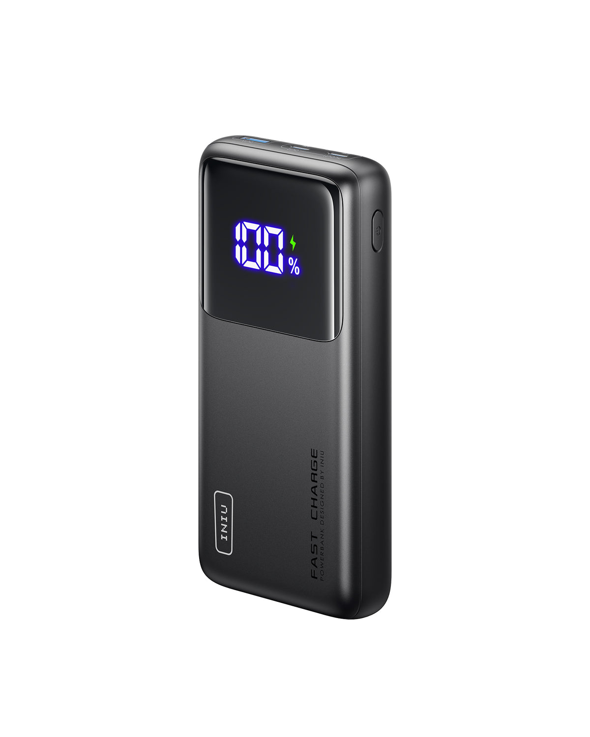 INIU B63 Power Bank: Black, digital display shows 100% charge with FAST CHARGE.