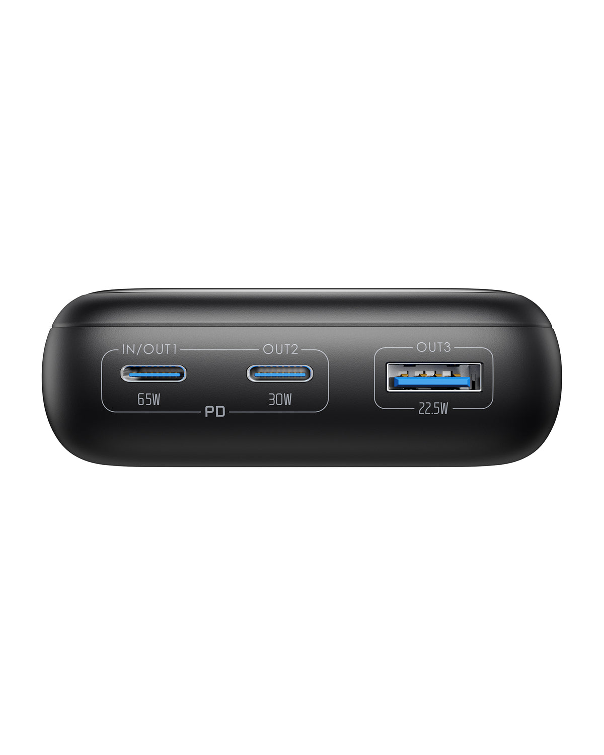 INIU B63 Power Bank: Black portable charger with multiple output ports and power ratings, including 65W and 22.5W.