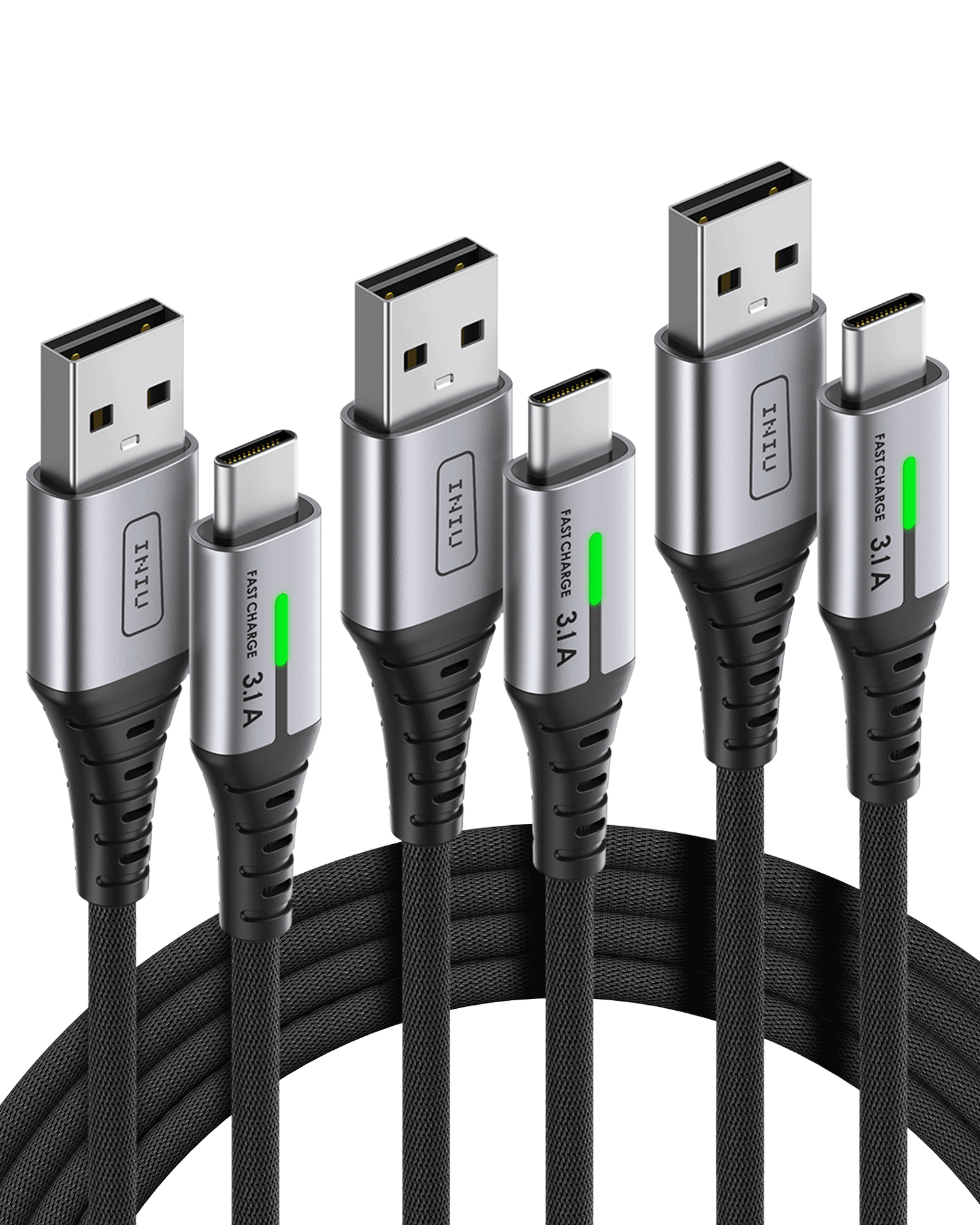INIU D5C USB-C Charging Cable 3-Pack, Fast Charging 3.1A, Black, Silver