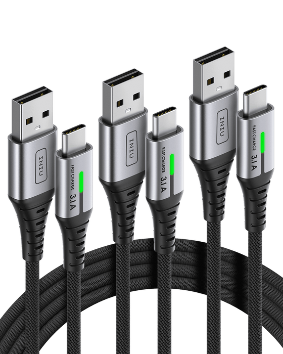 INIU D5C QC3.0 Cable USB tipo C de carga rápida (1.6 + 6.6 + 6.6 pies, paquete de 3)