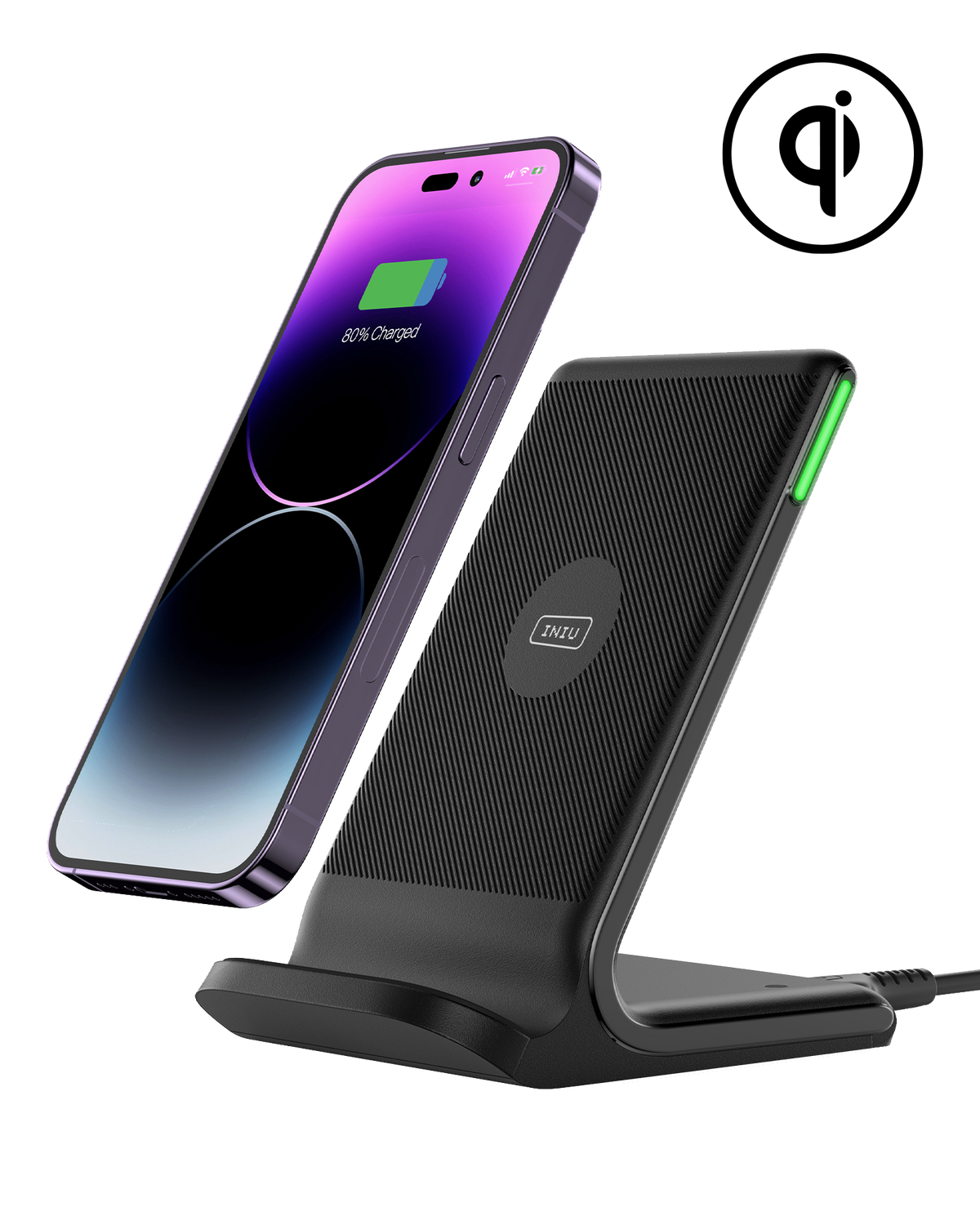 INIU 15W Black Friday Wireless Charger powering a purple smartphone, ideal tech gift for men on sale.