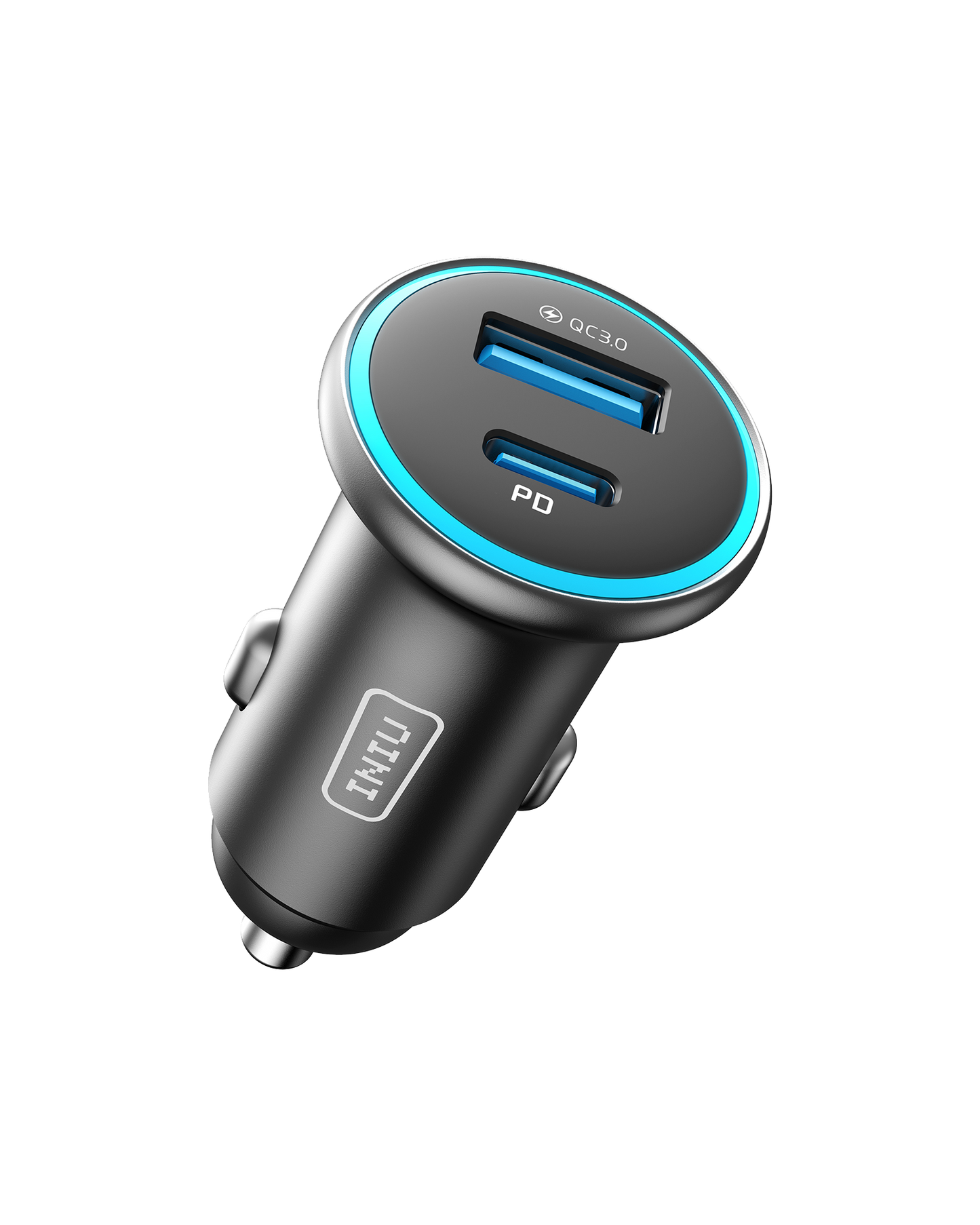 INIU I712 2-Port Fast Car Charger. Black car charger with blue accents, USB-A and USB-C ports, QC 3.0 and PD charging.