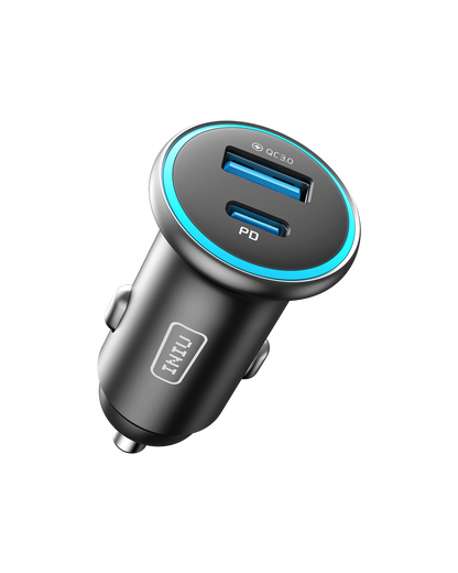 INIU I712 2-Port Fast Car Charger. Black car charger with blue accents, USB-A and USB-C ports, QC 3.0 and PD charging.