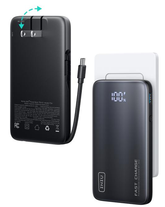 INIU Multi P24-E1 Power Bank, black with braided USB-C cable, displaying 100% charge and fast charge logo